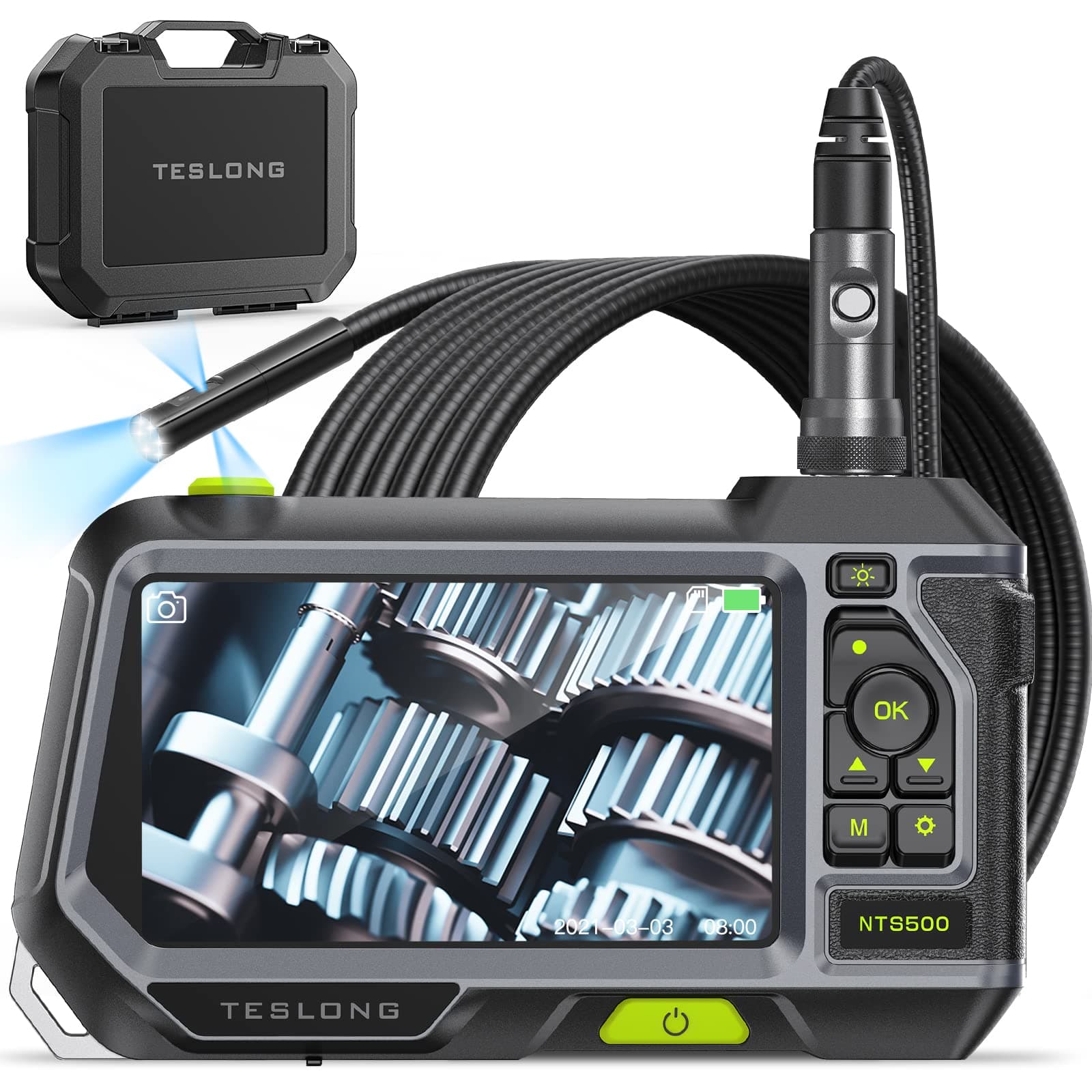 TeslongTriple Lens Inspection Camera, 5 Inch IPS Screen Endoscope Camera with 7.9mm, 1080P HD Borescope Inspection Camera with Lights, IP67 Waterproof Snake Camera, Hard Plastic Case (16.5FT/5M)