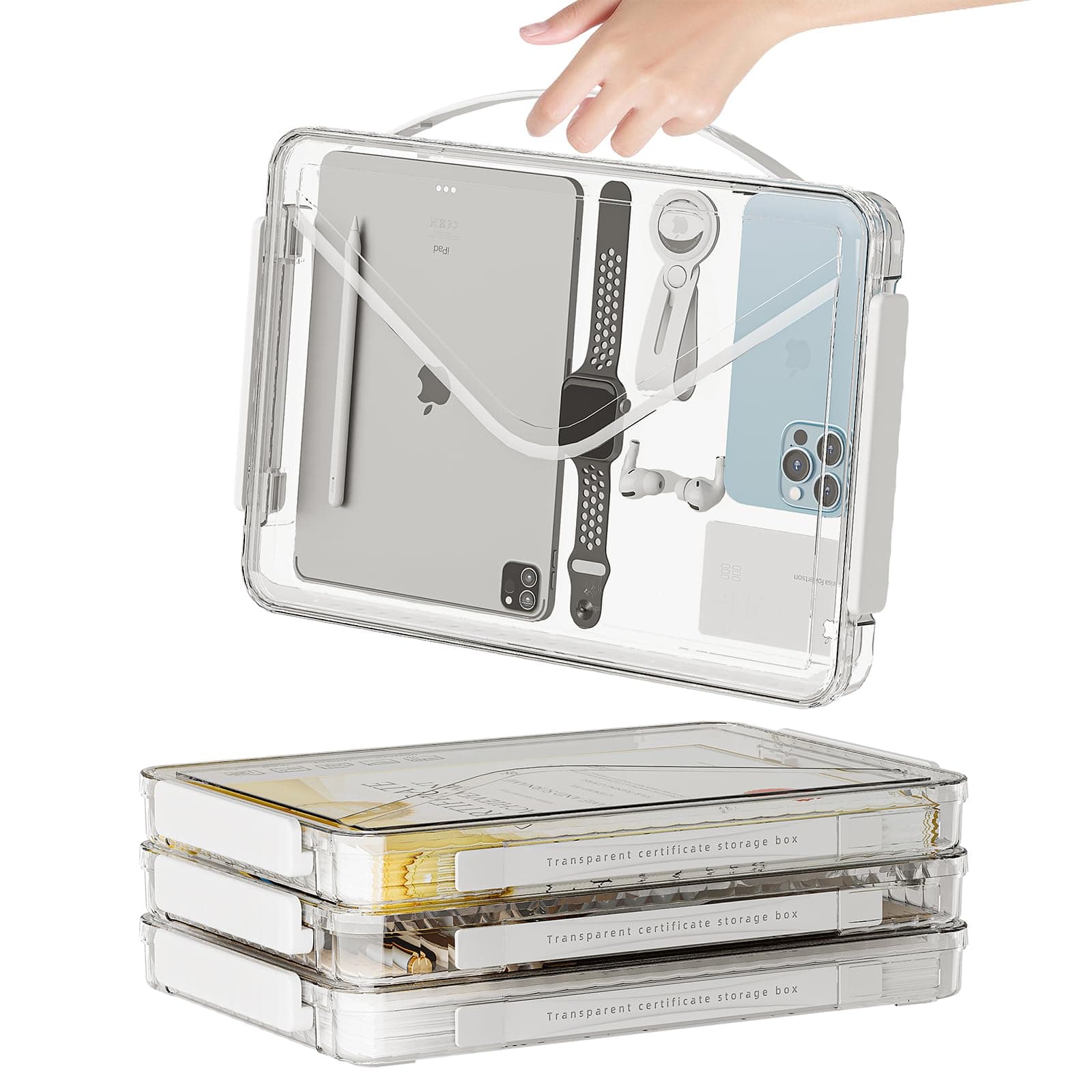 4 Pack Clear Portable Project Case with Handle Plastic Stackable Paper Storage Box Document Magazines Holder for A4 Letter File Scrapbook Storage Photo Protector Case