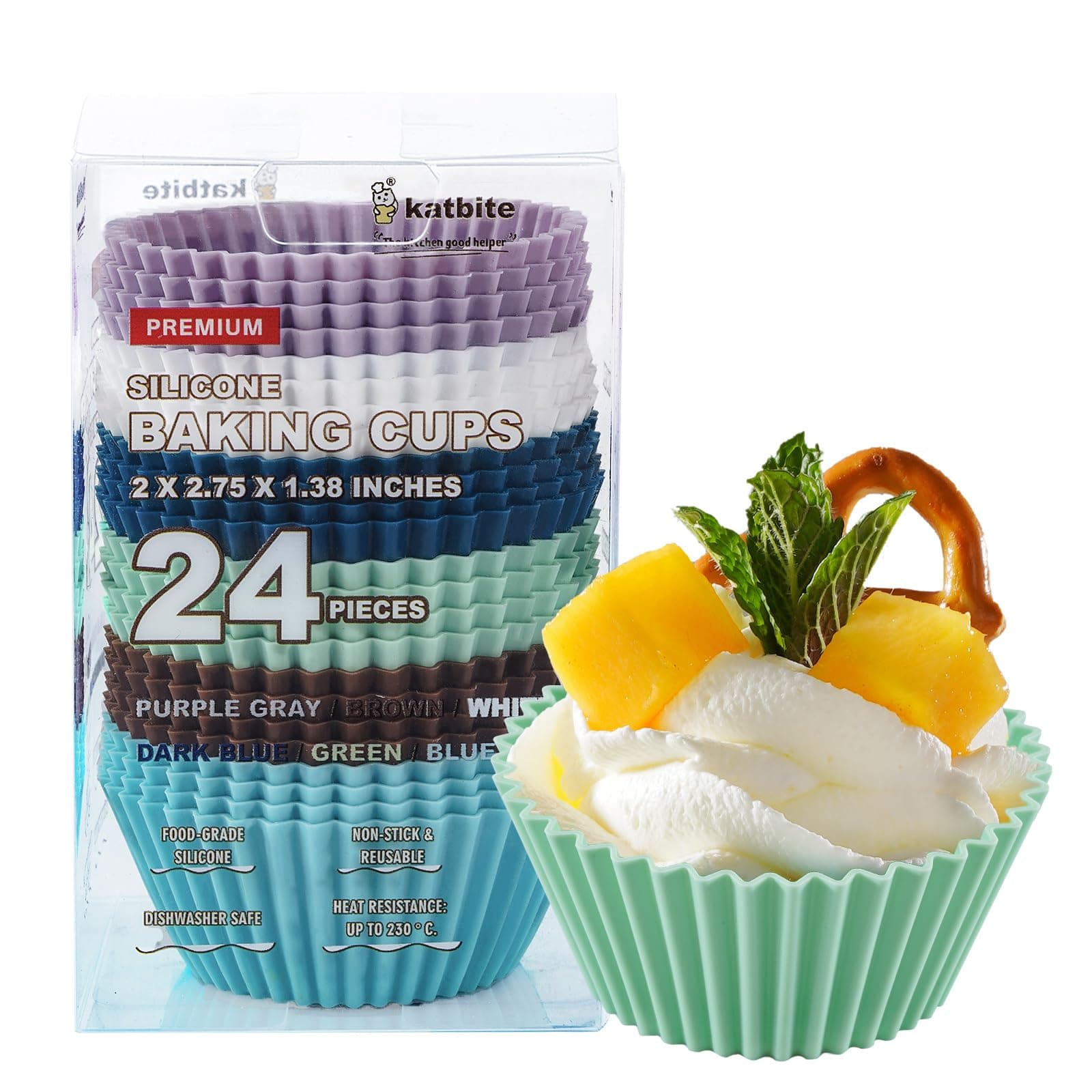 Katbite Silicone Cupcake Baking Cups 24 Pack Reusable Baking Cups Non-stick Heavy Duty Silicone Cupcake Liners Muffins Cups for Party Halloween Christmas
