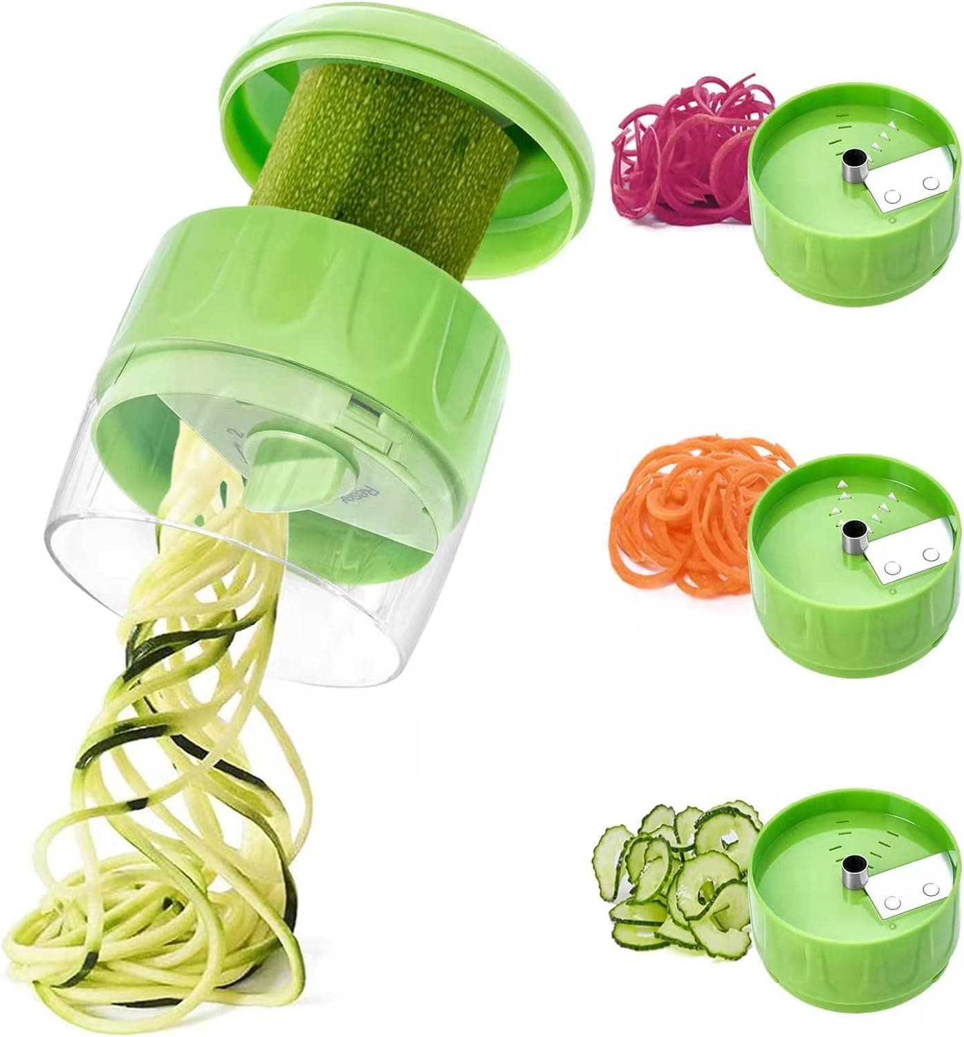 Spiralizer for Veggies, 3 in 1 Handheld Spiralizer Vegetable Slicer, Veggie Spiral Cutter Zucchini Spaghetti Maker Zoodle Maker Adjustable Spiral Slicer, Green