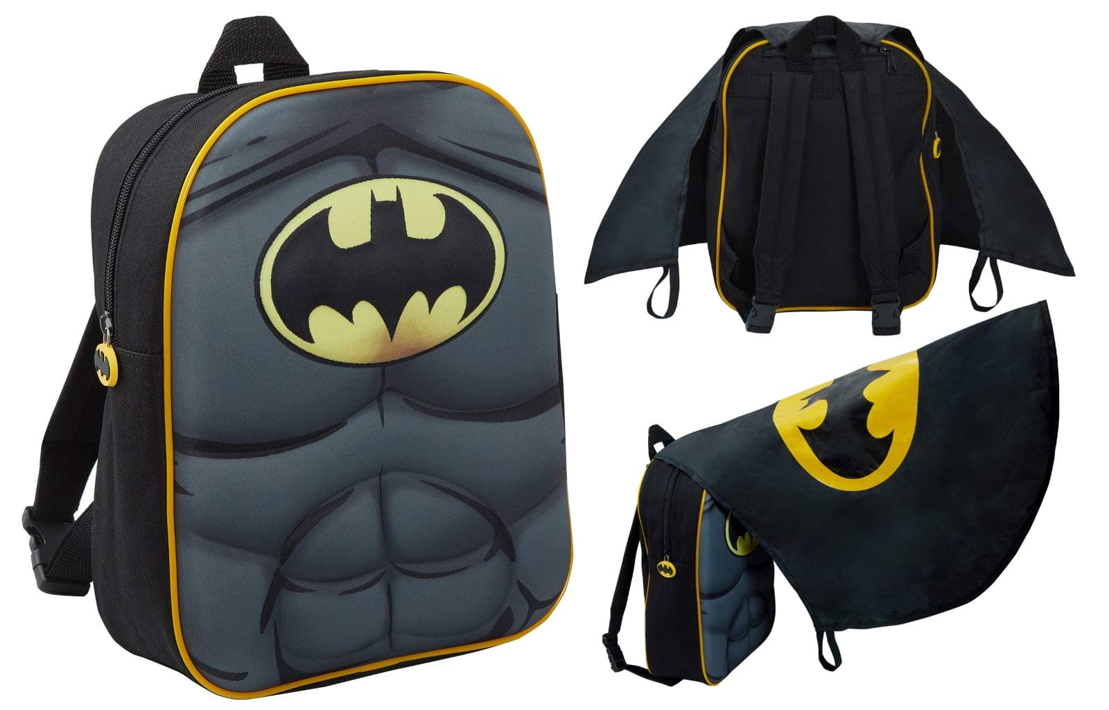 Boys Batman Backpack for Back to School with 3D Chest and Foldable Bat Cape Kids DC Comics Rucksack Travel Bag