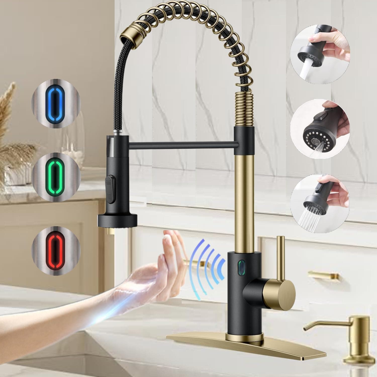 Touch-Less Kitchen Faucet, 3 Modes Pull Down Sprayer, Sensor Activated, LED Temperature Control, 360-Degree Rotation, 1 or 3 Hole Deck Plate. 10-Year Warranty.(Black/Matt Gold, KW-79GR)