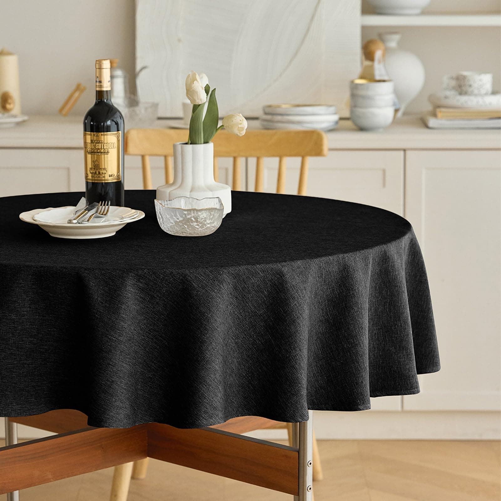 Waterproof Linen Texture Table Cloth for Round Dining Table, Decorative Fabric Anti-Scratch Table Cover for Indoor Outdoor Party Dining & Kitchen Table (70 Inch, Round (4-6 Seats), Black)