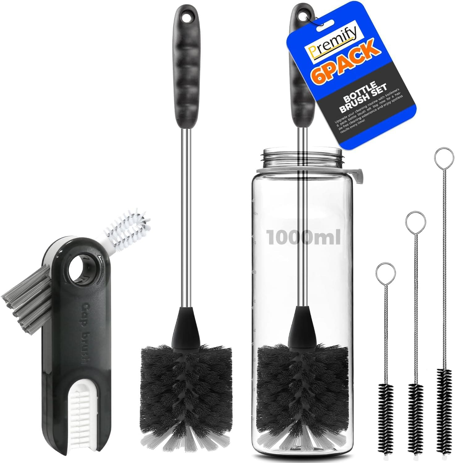 5 Pcs Bottle Brush Set, 14" Long Handle Stainless Steel Bottle Cleaner, Portable 3-in-1 Cleaning Brush for Water Bottles, 3 Straw Brushes For Baby cups, Tumblers, Black