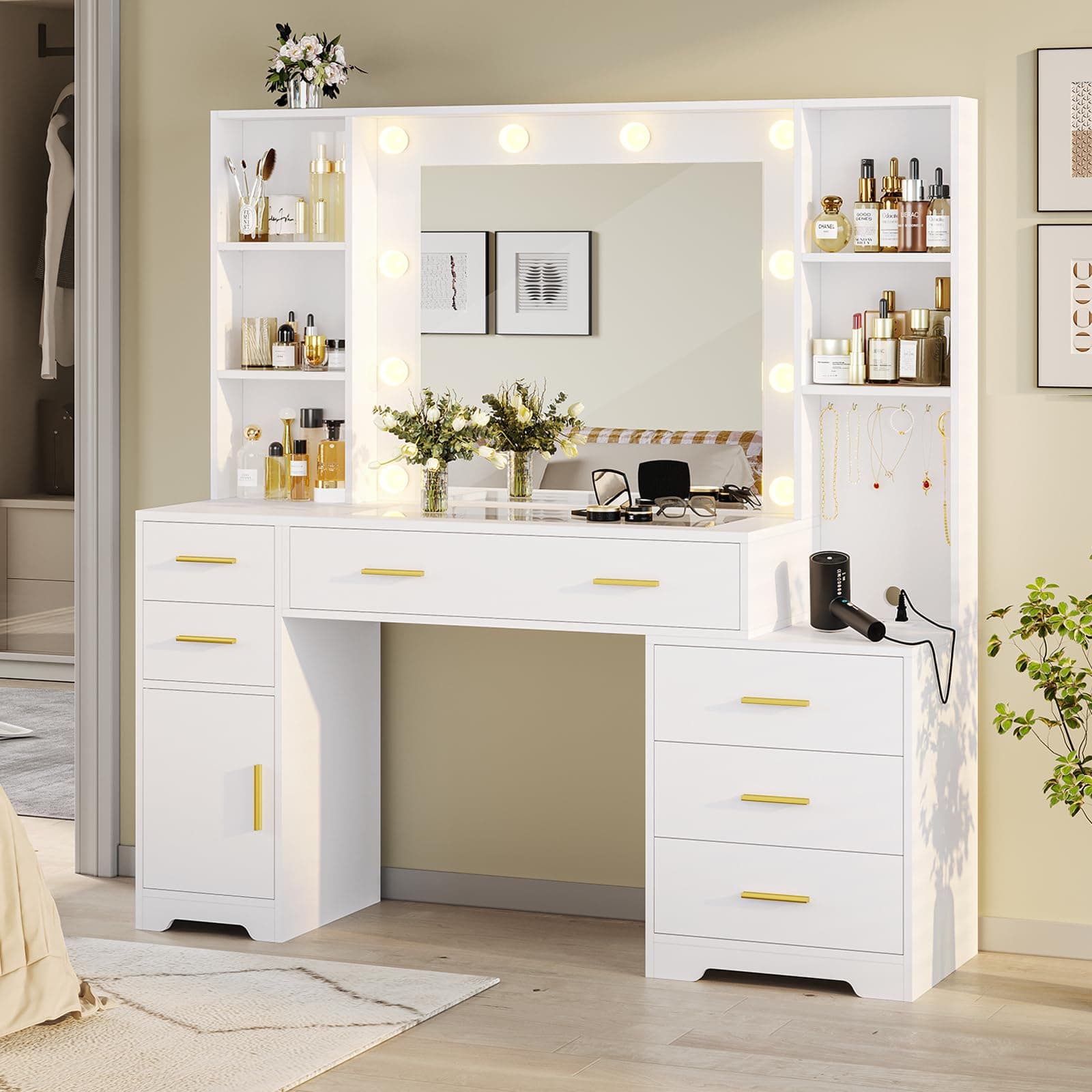 Hasuit 48.8'' Large Vanity Desk with Lighted Mirror & Power Outlet, White Makeup Vanity Table with 6 Drawers, 4 Shelves and 1 Storage Cabinet, Glass Tabletop Bedroom Dressing Table, 3 Lighting Modes