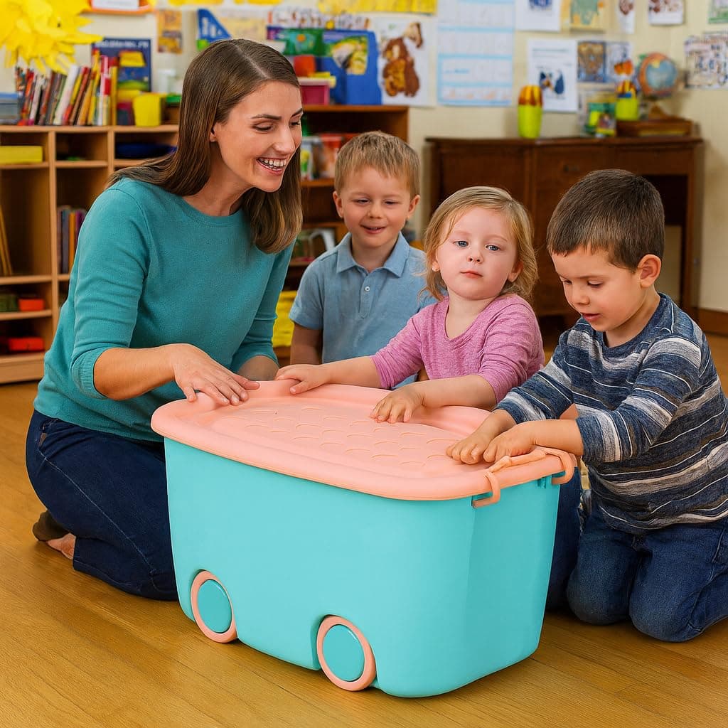 PARASNATH 45 Litre Blue Pink Colour Rolling Storage Container Box – Storage Unit With Flexible Wheels, Secure Locking Lid