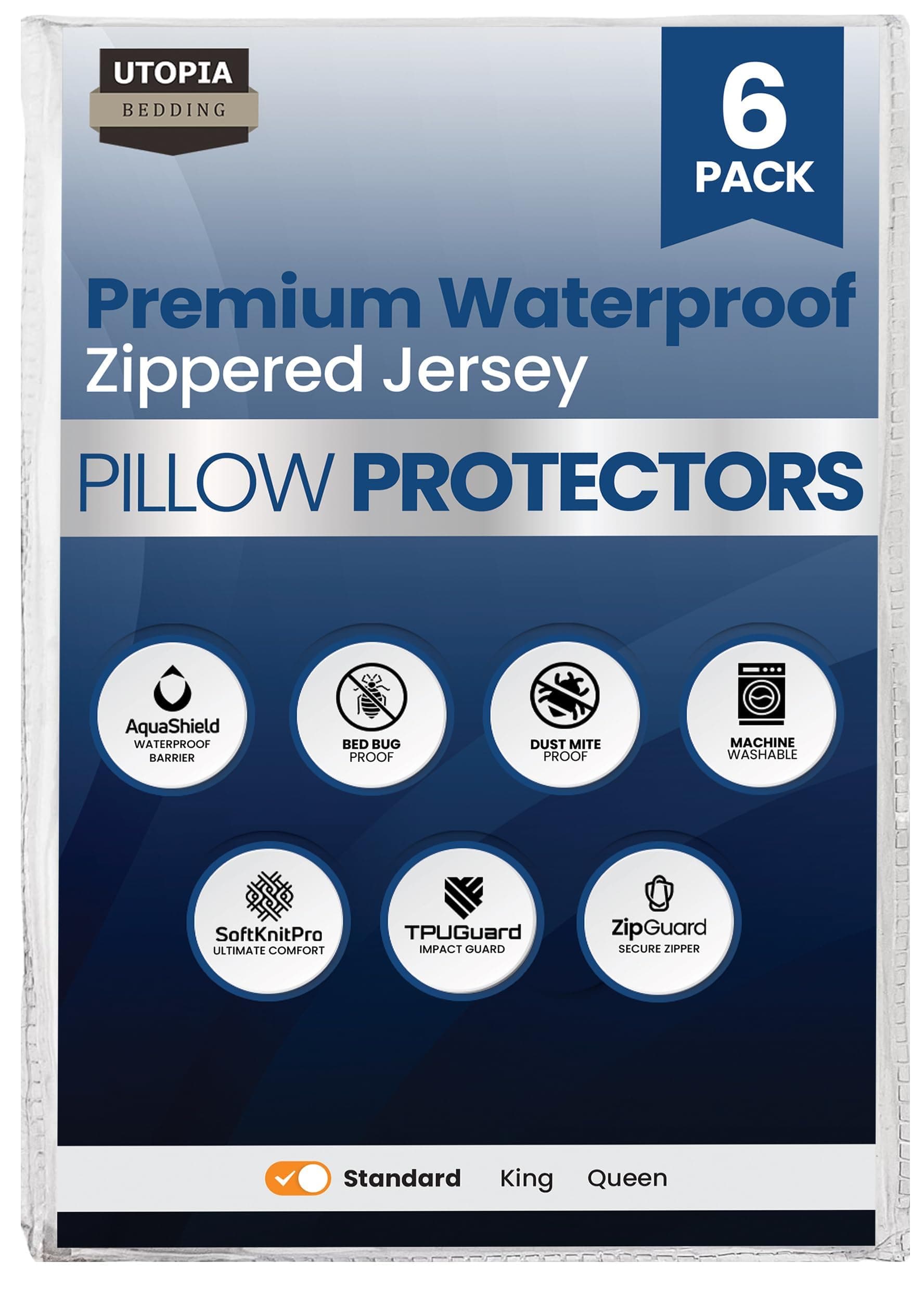 Set of 6 Pillow Protectors with Zipper Standard Size, Bed Bug and Dust Mite Proof Pillow Covers, Ultra Soft Pillow Encasements, Moisture Wicking and Waterproof Pillow Cases by Utopia Bedding (White)