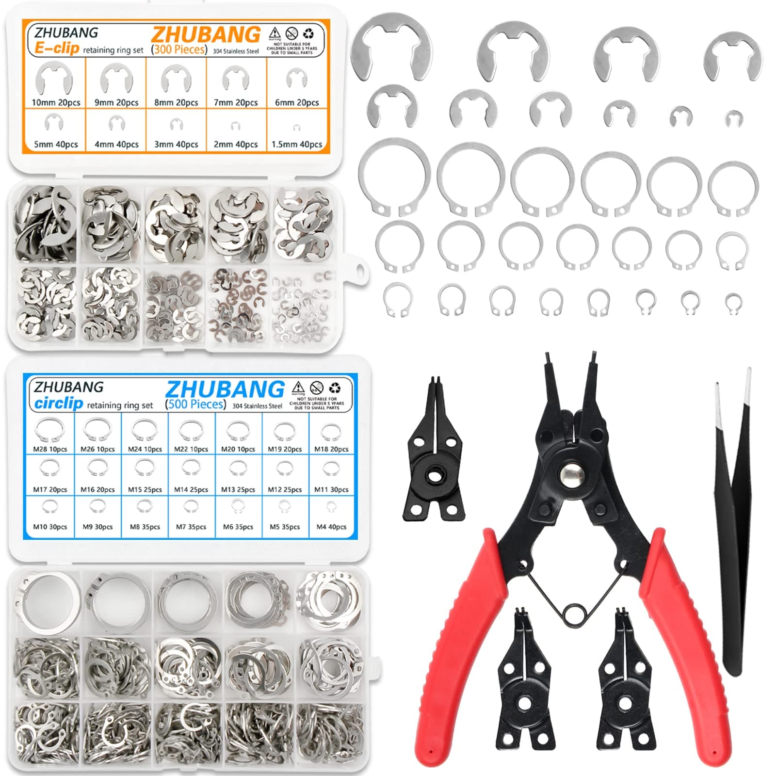 800Pcs C-clip External Retaining Rings Snap Rings Assortment Kit Circlip 304 Stainless Steel(M4-M28) + E-clip Assortment Set(1.5mm-10mm) + 5Pcs Snap Ring Plier + Tweezer