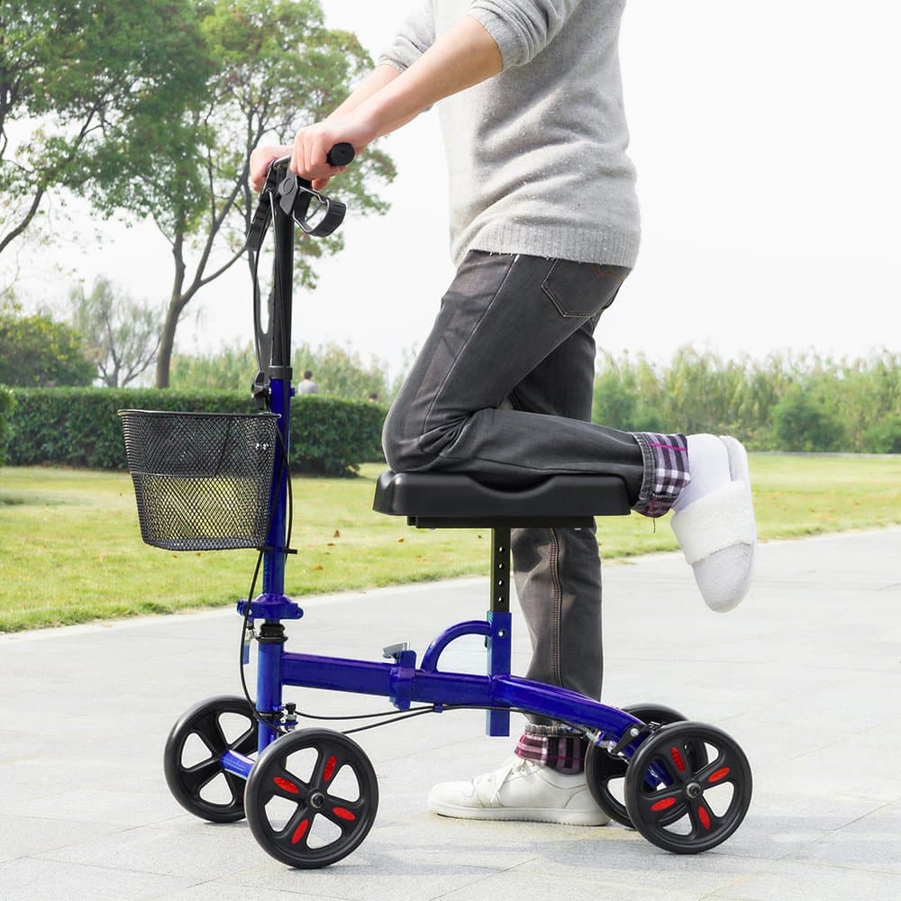 Knee Roller Walker Crutch Alternative Steerable Knee Scooter 4 Wheels for Adults Foot Injuries with Basket (Blue)