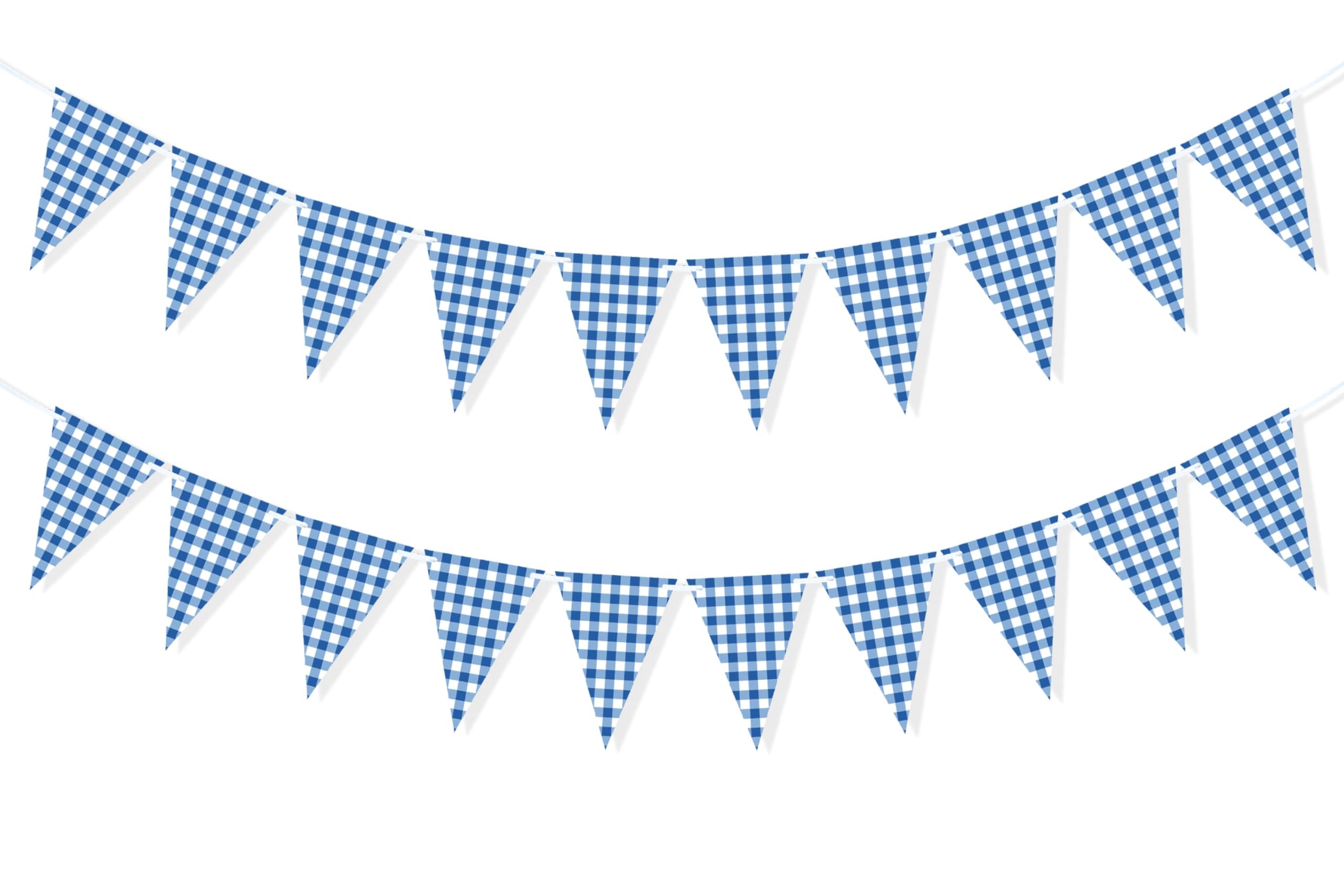 2 Pieces Blue Checkered Flags Banner, Double Sided Blue and White Gingham Bunting Garland for Summer BBQ Picnic Wedding Baby Shower Birthday Party Decorations Supplies