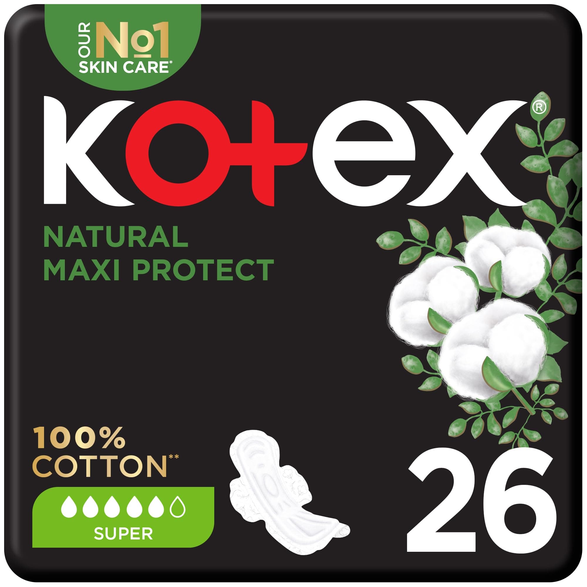 Natural Maxi Protect Thick Pads, 100% Cotton Pad, Super Size with Wings, 26 Sanitary Pads