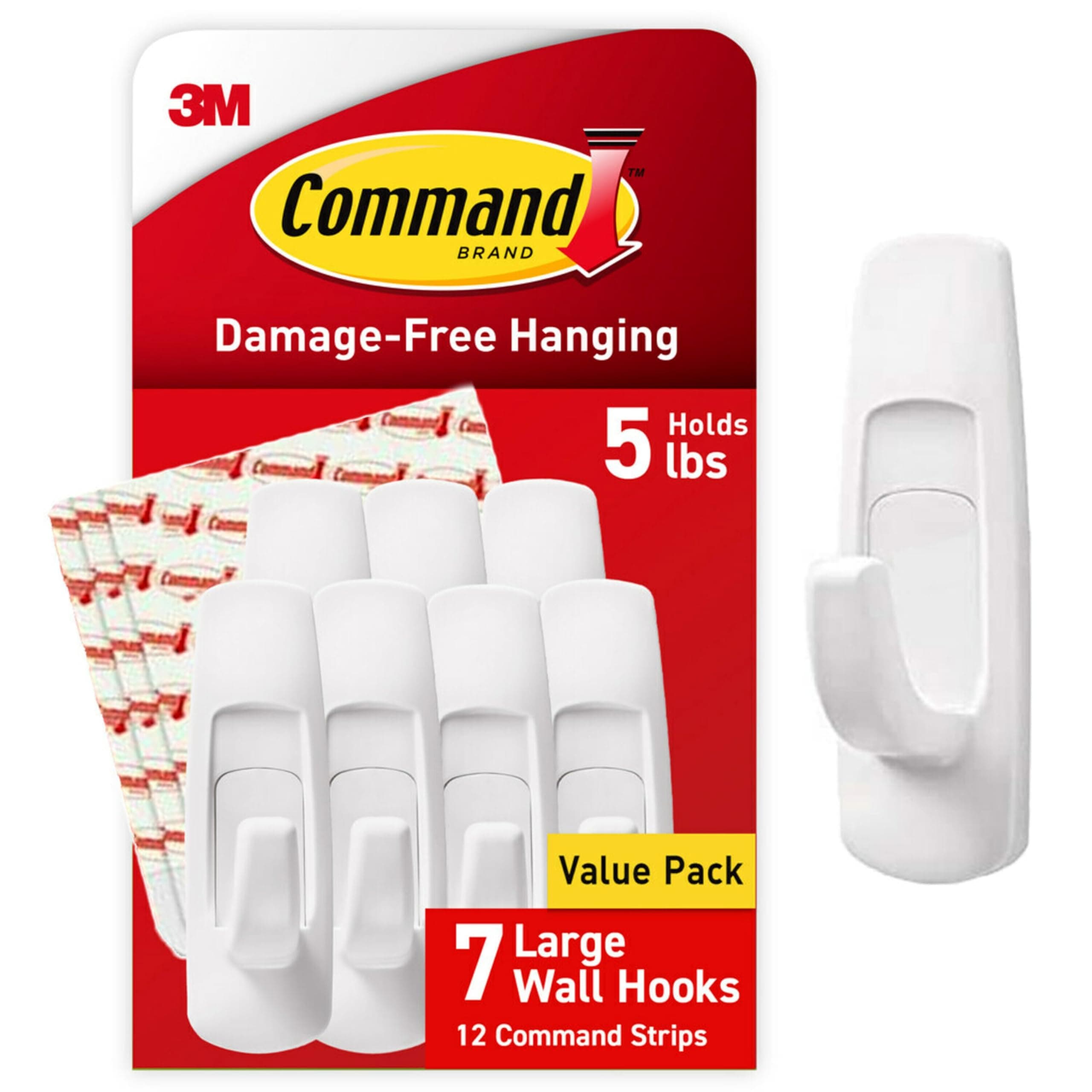 Large Utility Hooks, Damage Free Hanging Wall Hooks with Adhesive Strips, No Tools Wall Hooks for Hanging Decorations in Living Spaces, 7 White Hooks and 12 Command Strips