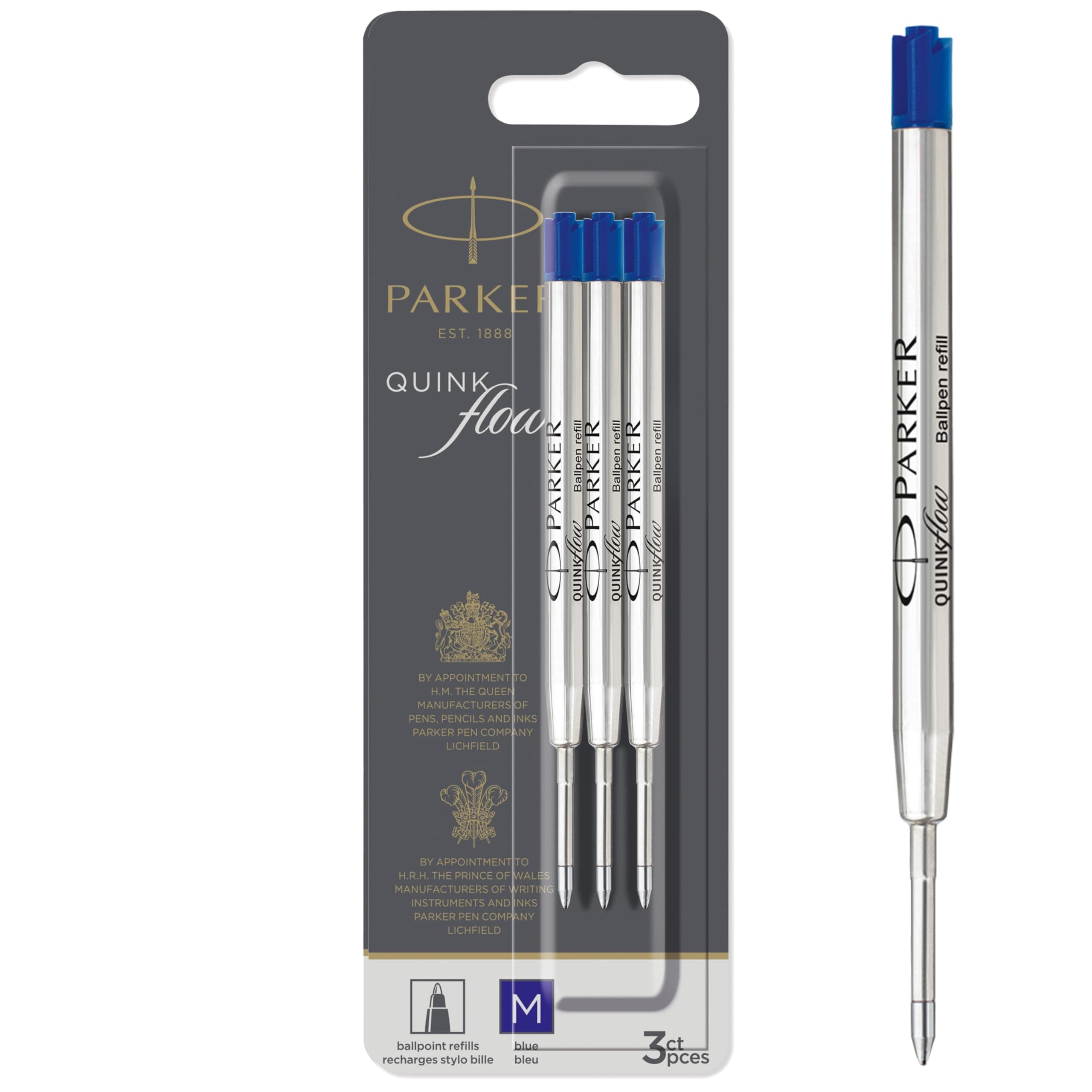 PARKER QUINKflow Ballpoint Ink Refills, Medium Point, Blue, 3 Count