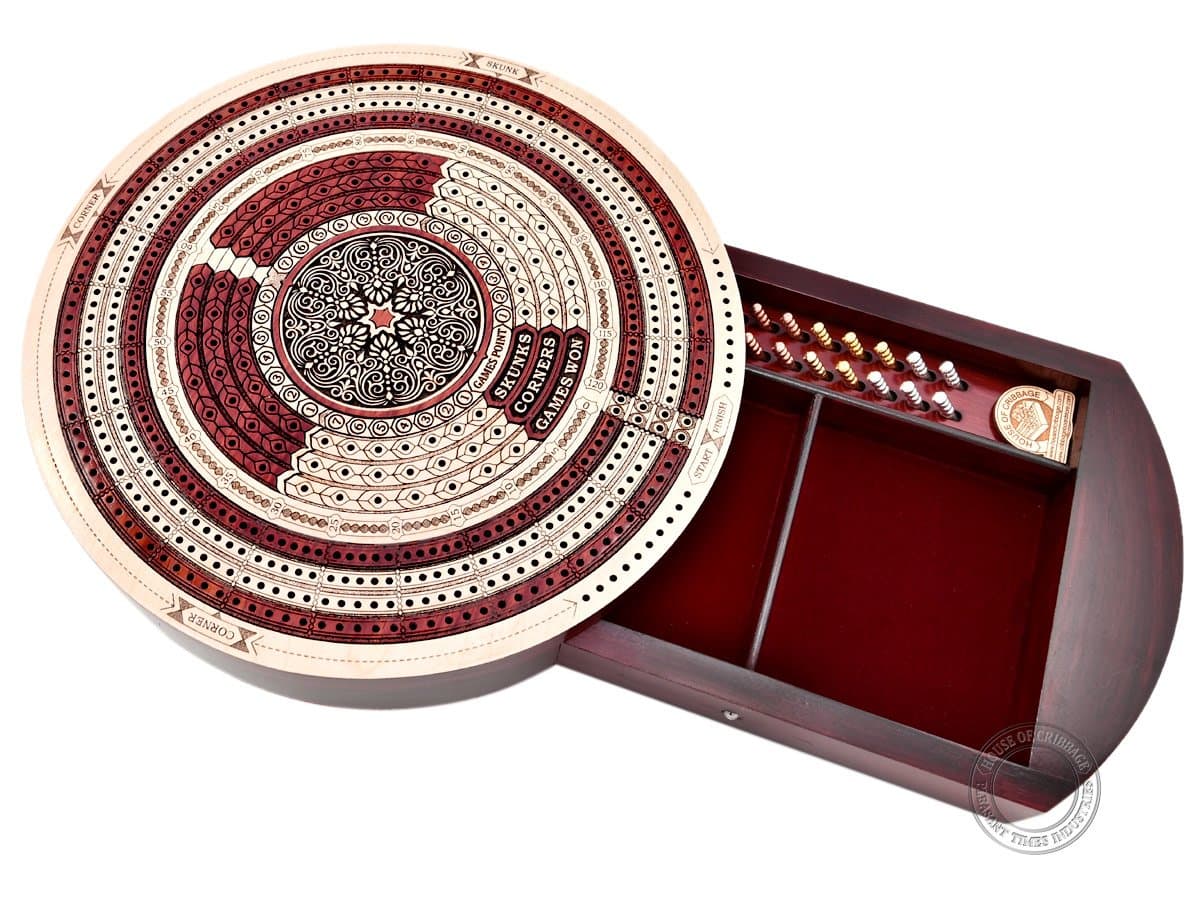 House of Cribbage - 10" Round Shape 4 Tracks Continuous Cribbage Board Maple / Bloodwood - Push Drawer & place for Skunks, Corners & Won Games
