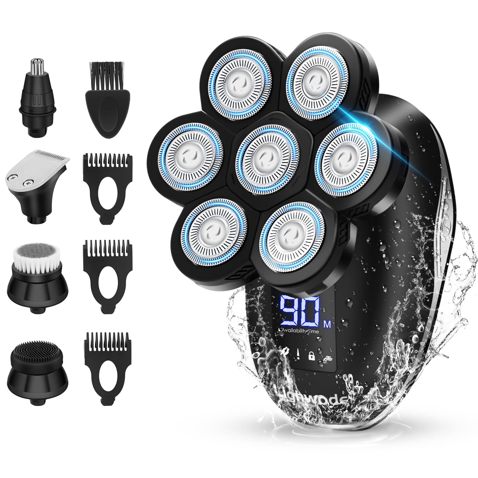 Head Shavers for Bald Men, Lighwode Waterproof 7D Blad Head Shaver Wet/Dry Anti-Pinch 5 in 1 Cordless LED Electric Razor Grooming Kit with Hair Clippers Beard Trimmer Nose Trimmer Cleansing Brush