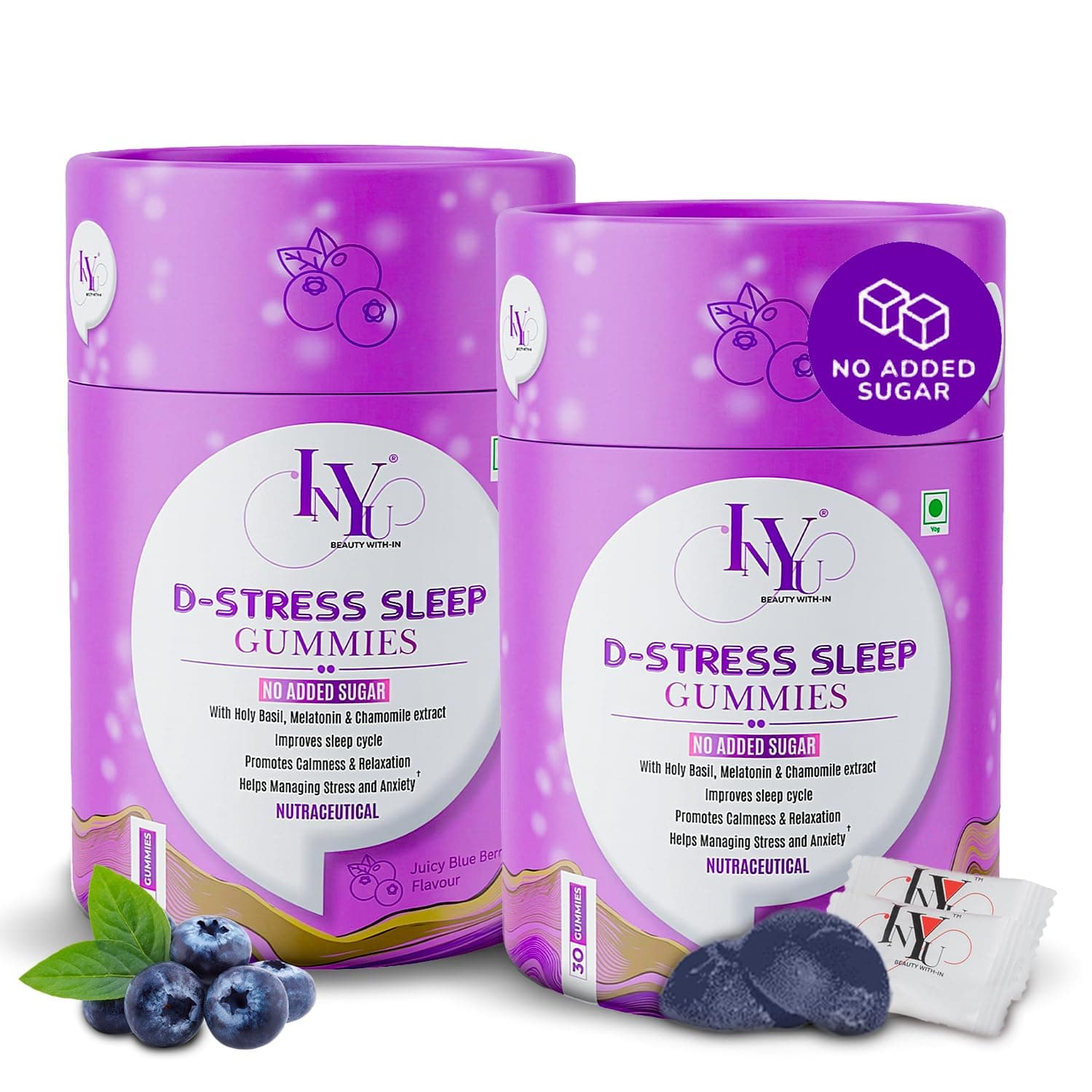 INYU D-Stress Melatonin 5mg Sleep Gummies — 60 Days Pack | No Added Sugar | With Holy Basil & Chamomile for muscle relaxation | Natural Non-habit forming | Stress & Sleep Support | Blueberry Flavor | for Women & Men