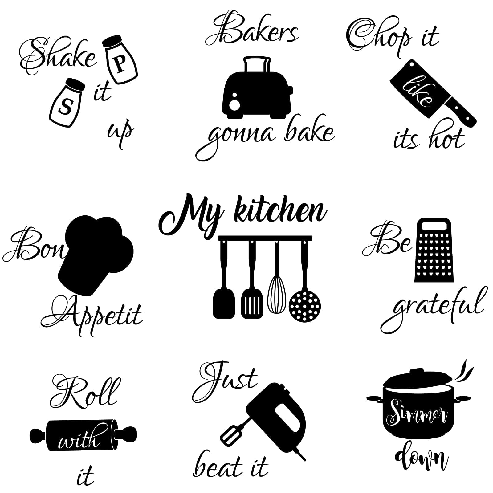 Seajan 3 Pcs Kitchen Wall Stickers Kitchen Quotes Wall Decals with Funny Lettering Vinyl Fun Utensils Sticker Peel and Stick Arts for Fridge Restaurant Bar Home Decoration