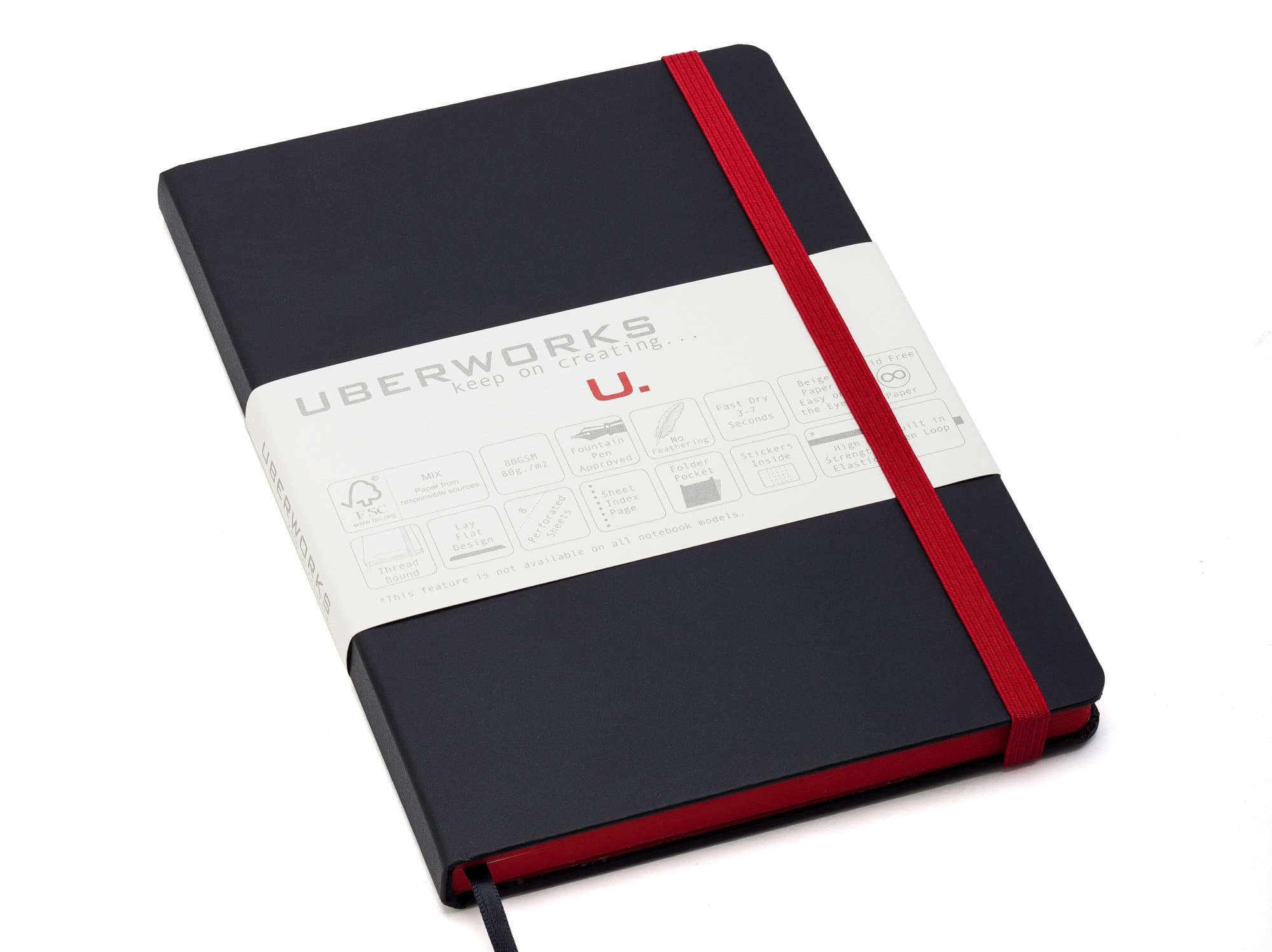 Premium UberWorks PROTOTYPES Lined/Ruled Notebook/Bullet Journal, High-Strength Durable Black Hardcover With Unique Matching Red Elastic Closure & Paper Edge, Medium 10 Inch A5 Size, 192 Pages & Index