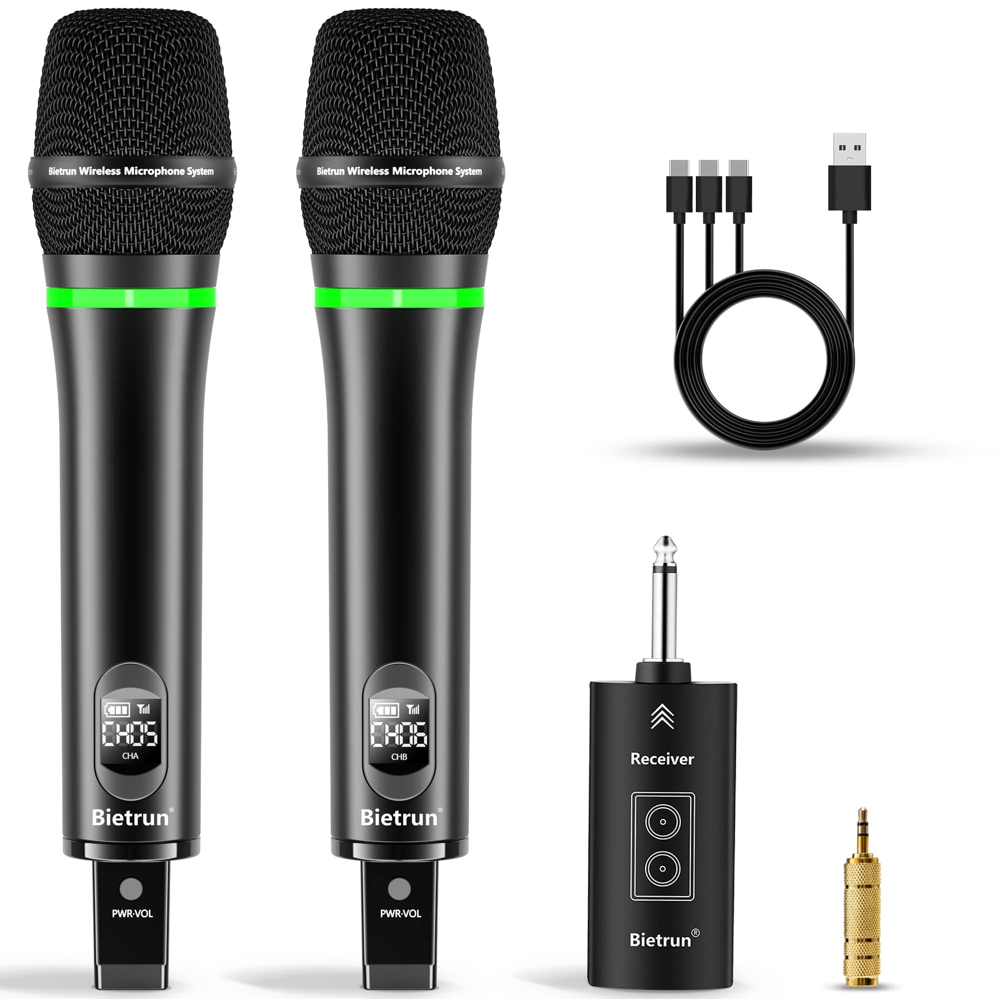 - Rechargeable Wireless Microphone, Dual Metal Cordless Handheld Dynamic Wireless Mics with 1/4'' Output for Karaoke, Meeting, Singing, Church, Wedding(UHF 240ft Range)(Receiver with Bluetooth)