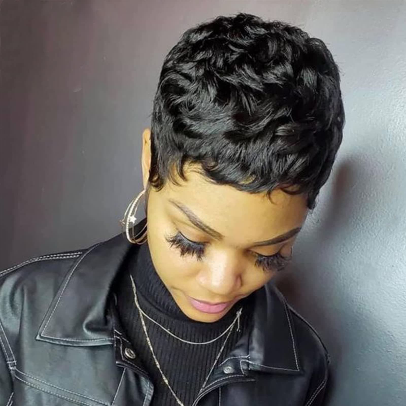 Pixie Cut Straight Short Bob Wig for Black Women 100% Brazilian Human Hair Full Machine Made Wigs Natural Black Color