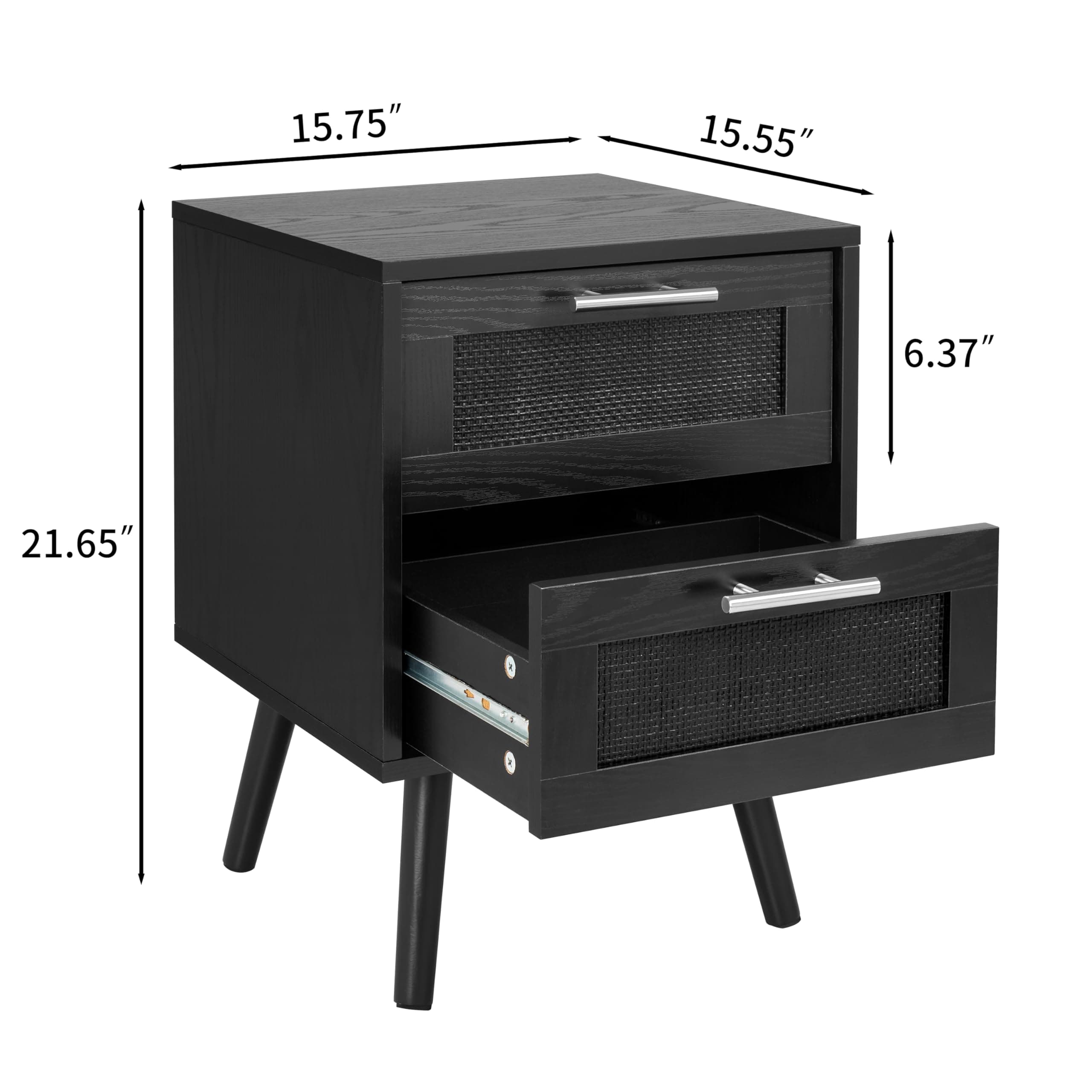 Finnhomy Nightstand, End Table, Side Table with 2 Hand Made Rattan Decorated Drawers, Wood Accent Table with Storage for Bedroom, Full Black