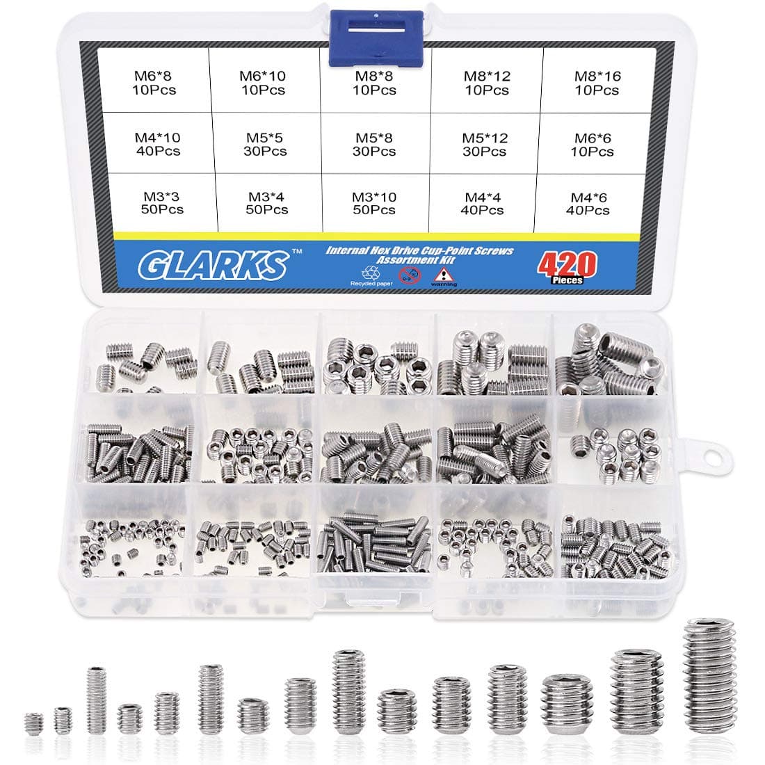 420Pcs M3/M4/M5/M6/M8 Allen Head Socket Set Screw, 304 Stainless Steel Internal Hex Drive Grub Screw Assortment Kit