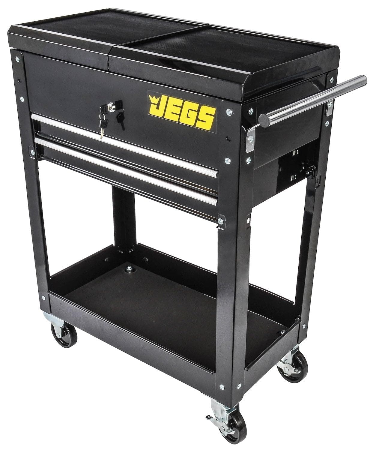 Heavy-Duty Tool Box Cart | 220 LBS Capacity | Uses Four 4� Caster Wheels | Includes 2 Keyes and 6 Drawer Liners | Black with JEGS Logo | 2 Locking Drawers | Sliding Top