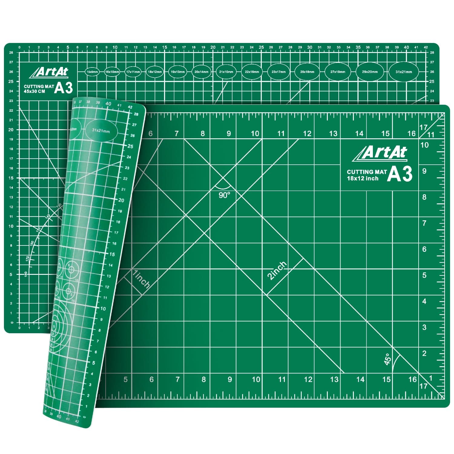 ArtAt Self Healing Cutting Mat: 12″x 18″ Green Double Sided Non-Slip 5 Layers PVC Durable Craft Sewing A3 Mat for Rotary Cutter, Use for Quilting and Scrapbooking and Craft & Art Projects…