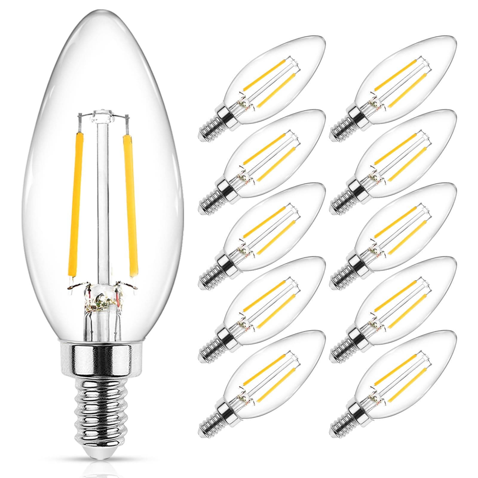 Ascher Classic E12 LED Candelabra Light Bulb 4W, Equivalent 40W, Warm White 2700K, Non-Dimmable, Clear Glass Filament Chandelier LED Bulbs, E12 Candelabra Base Candle Light Bulbs, Pack of 10