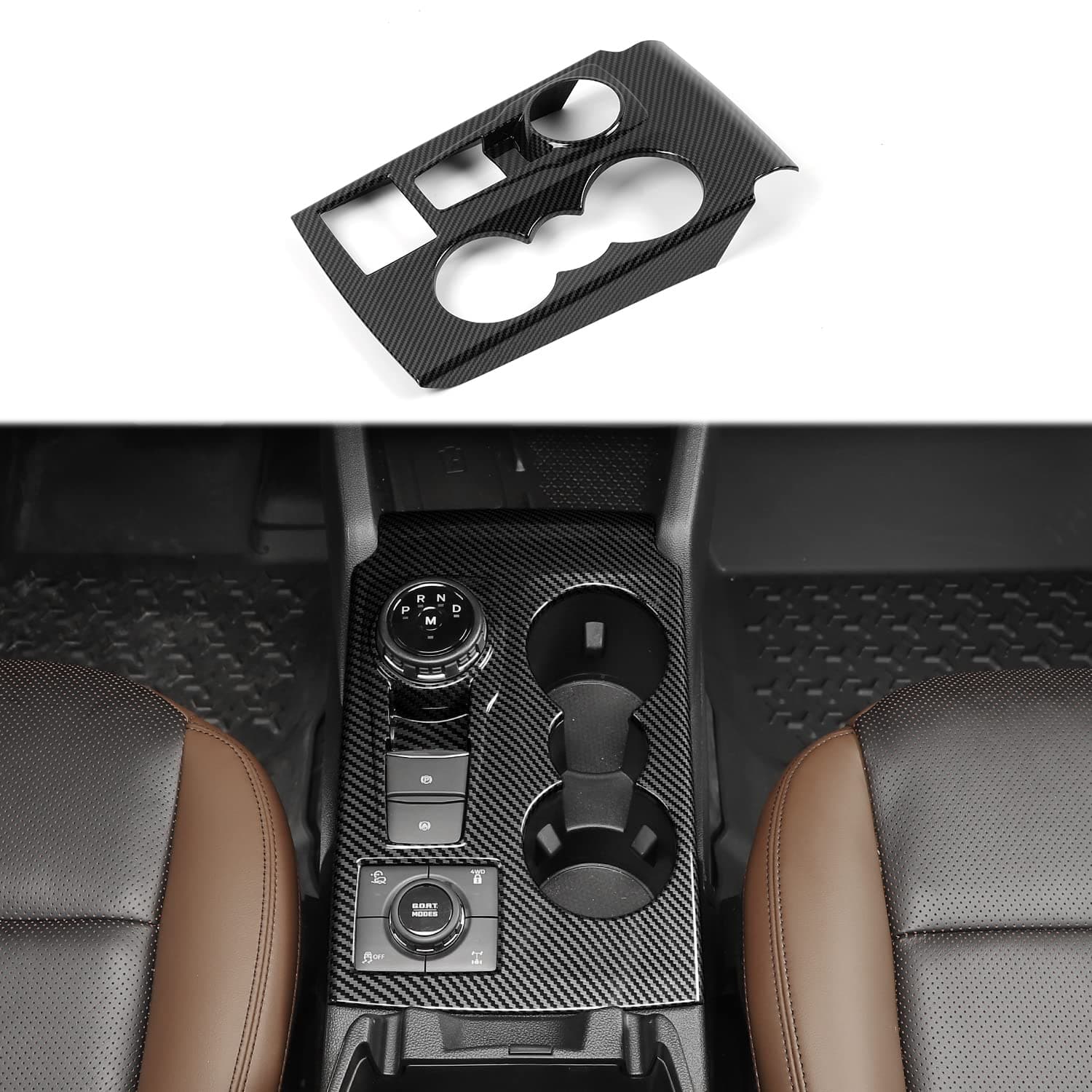 Linskip Gear Shift Panel Cover Trim Compatible with 2025 2024 2023 2022 2021 Ford Bronco Sport, Cup Holder Decor Cover for Bronco Sport Interior Accessories(Black Carbon Fiber)
