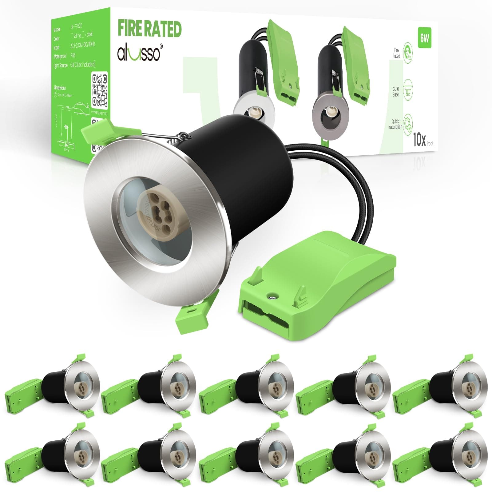 ALUSSO LED Fire Rated Downlight Can GU10 Recessed Ceiling, Twist & Lock Downlight IP65 Waterproof Spotlight, Face Ring with Glass Stopper, for Bathroom, Kitchen, Nickel, 10pack (Not Included Bulb)
