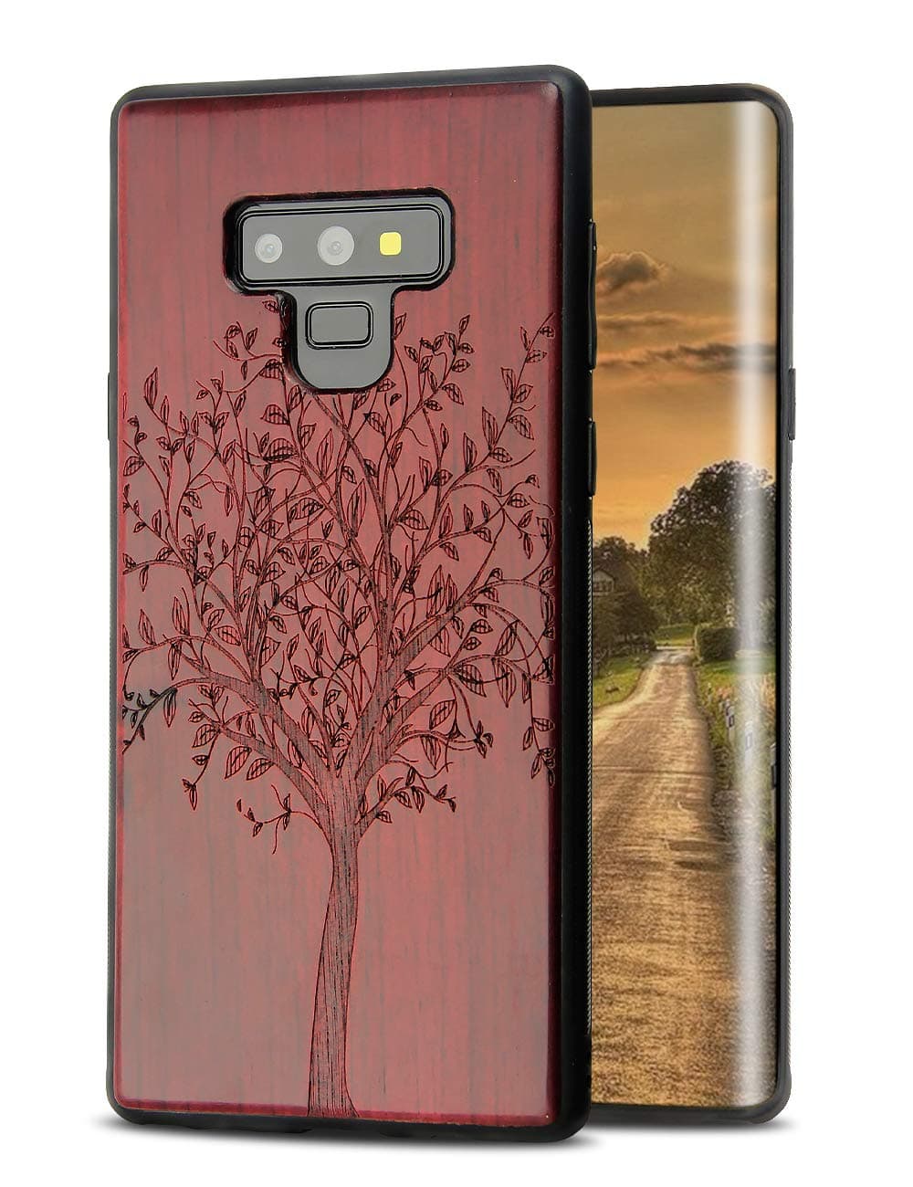 Galaxy Note 9 Wood Case, Cool Real Wood Engraving Tree & Hard PC Cushion Shock Absorption Flexible Anti-Scratch Bumper Protective Case for Samsung Galaxy Note 9