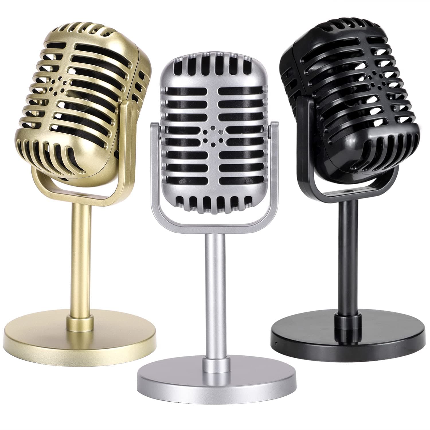 3 Pack Vintage Microphone Prop, Plastic Fake Microphone, Retro Microphones for Costume & Role Play, Antique Mic Stage Table Decor Party Favors