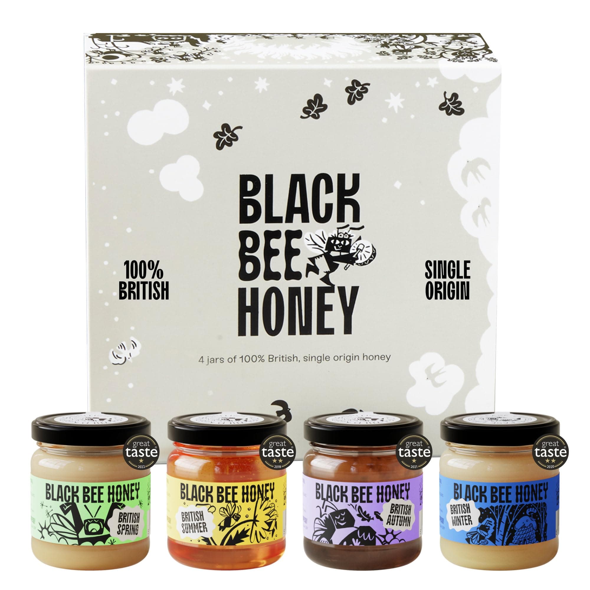 Black Bee Honey Gift Set - x4 42g British Honey Pack, Creamy Light Spring, Runny Floral Summer, Bold Aromatic Autumn and Herbal Winter, Delicious Gifts for her and him