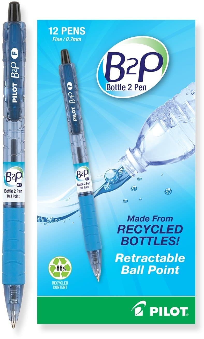 PILOT B2P - Bottle to Pen Refillable & Retractable Ball Point Pen Made From Recycled Bottles, Fine Point, Black Ink, 12-Pack (32600)