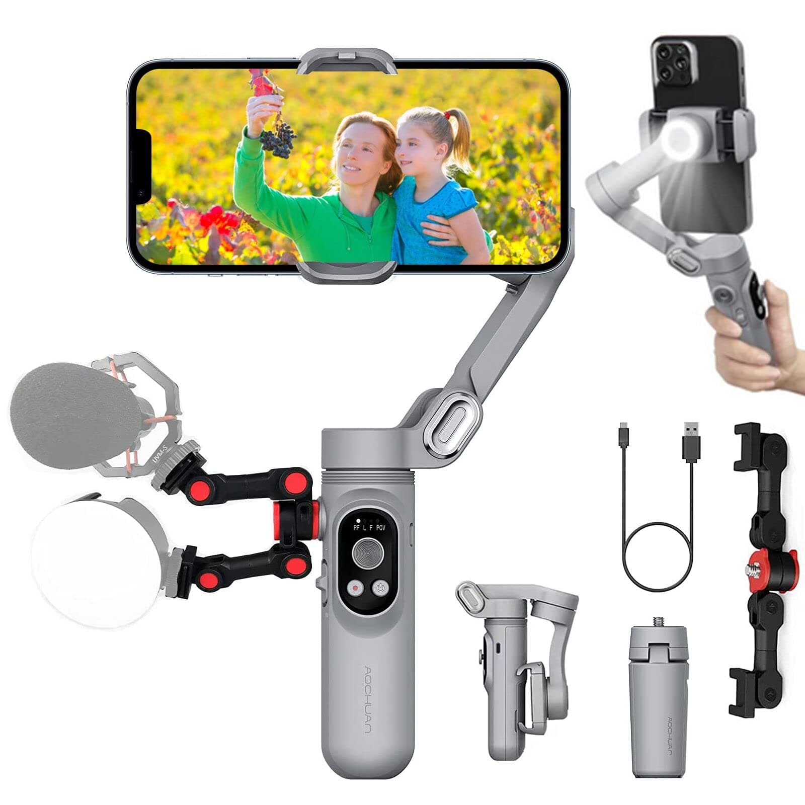 3-Axis Stabilized Handheld Gimbal for Smartphone/iPhone 13/12/11 with Tripod Stand and Dual Cold Shoe Mount Aochuan Smart X