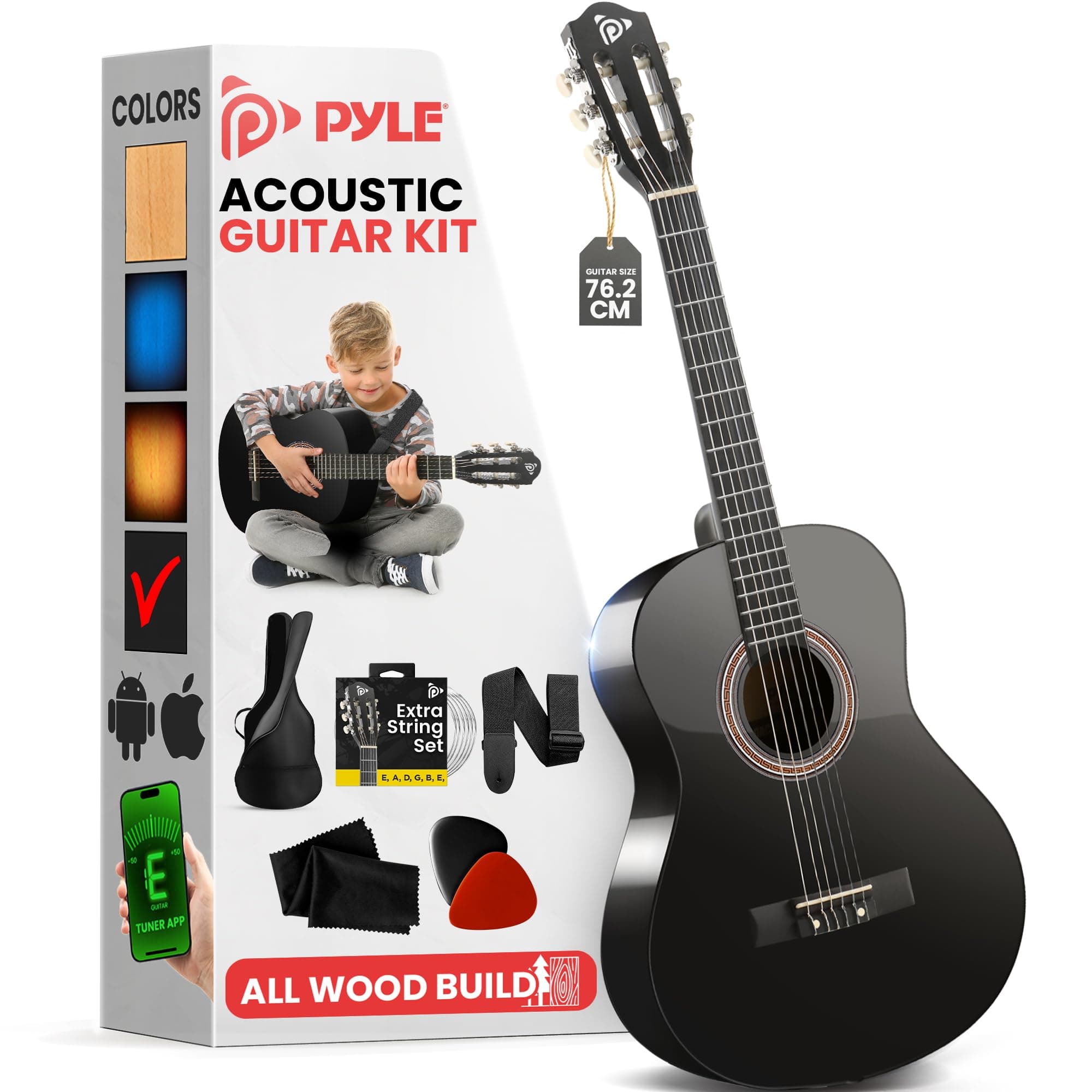 Beginner Acoustic Guitar Kit, 1/4 Junior Size All Wood Instrument for Adults, Kids, 30" Black Matte