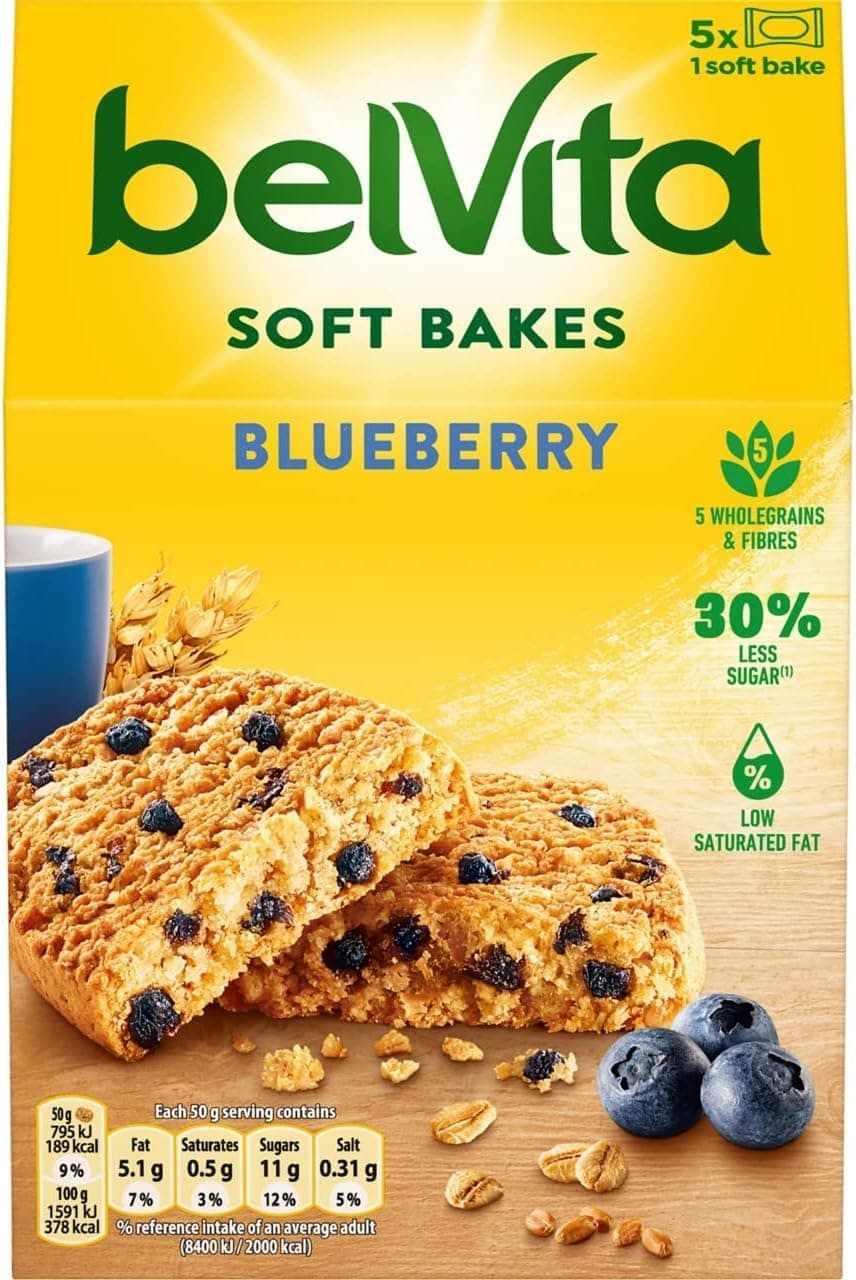 Breakfast Biscuits Soft Bakes Filled With Blueberry, Soft Biscuits With Blueberry Filling, Multipack of 5 x 50 g (Pack of 1)