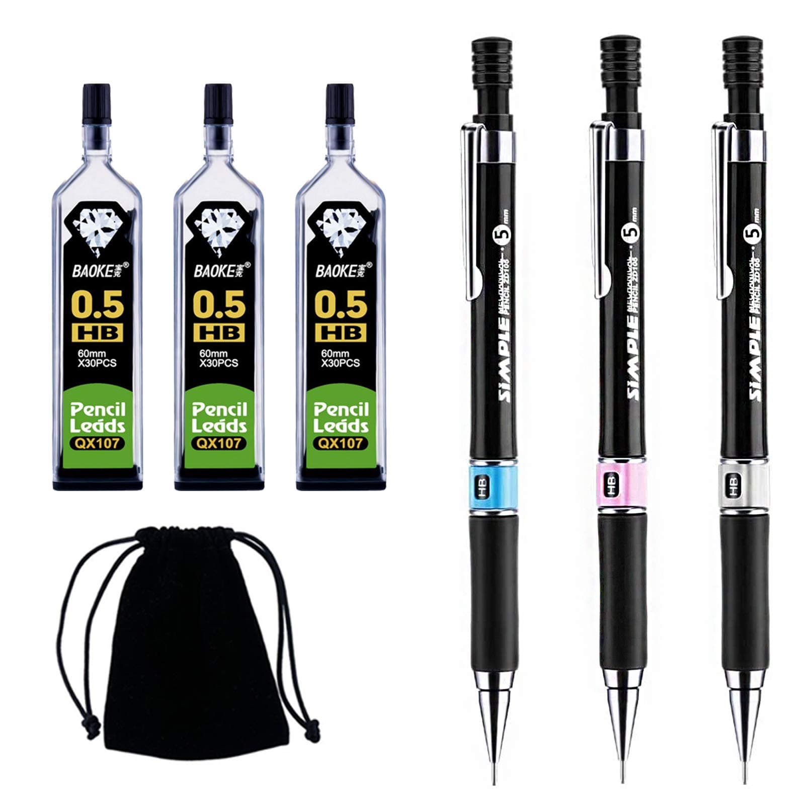 7 PCS Mechanical Pencil Set,0.5mm Automatic Pencils Black Lead Mechanical Pencils Lead Refills HB Pencil Refills Clutch with Black Velvet Bag for Art Drawing Writing Sketching Carpenter