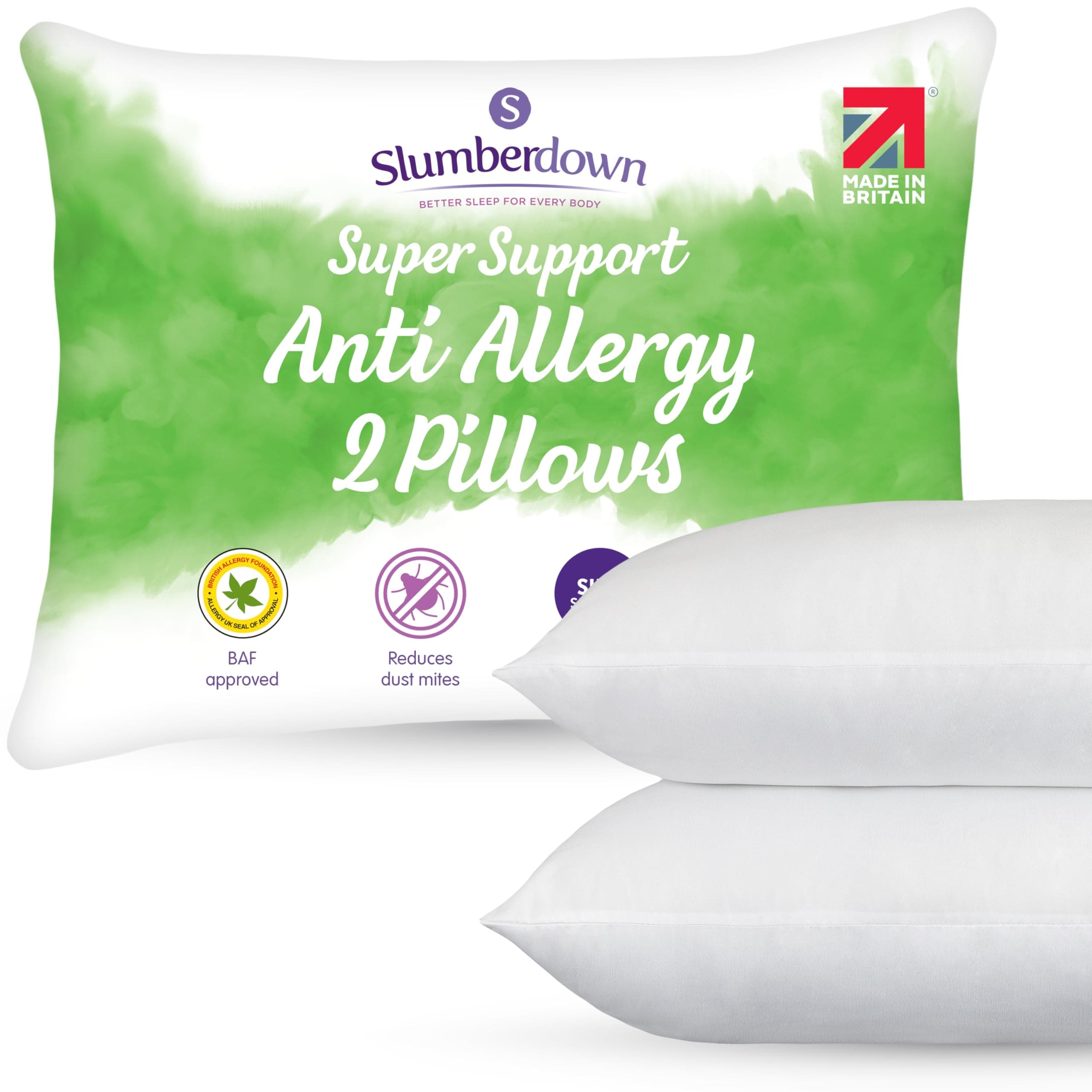 Slumberdown Anti-Allergy Super Support Pillows - 2 Pack Dust-mite Resistant Firm Bed Pillow Neck Back Shoulder Pain Relief Side Sleeper - Anti Bacterial, Comfortable, UK Standard Size (48cm x 74cm)