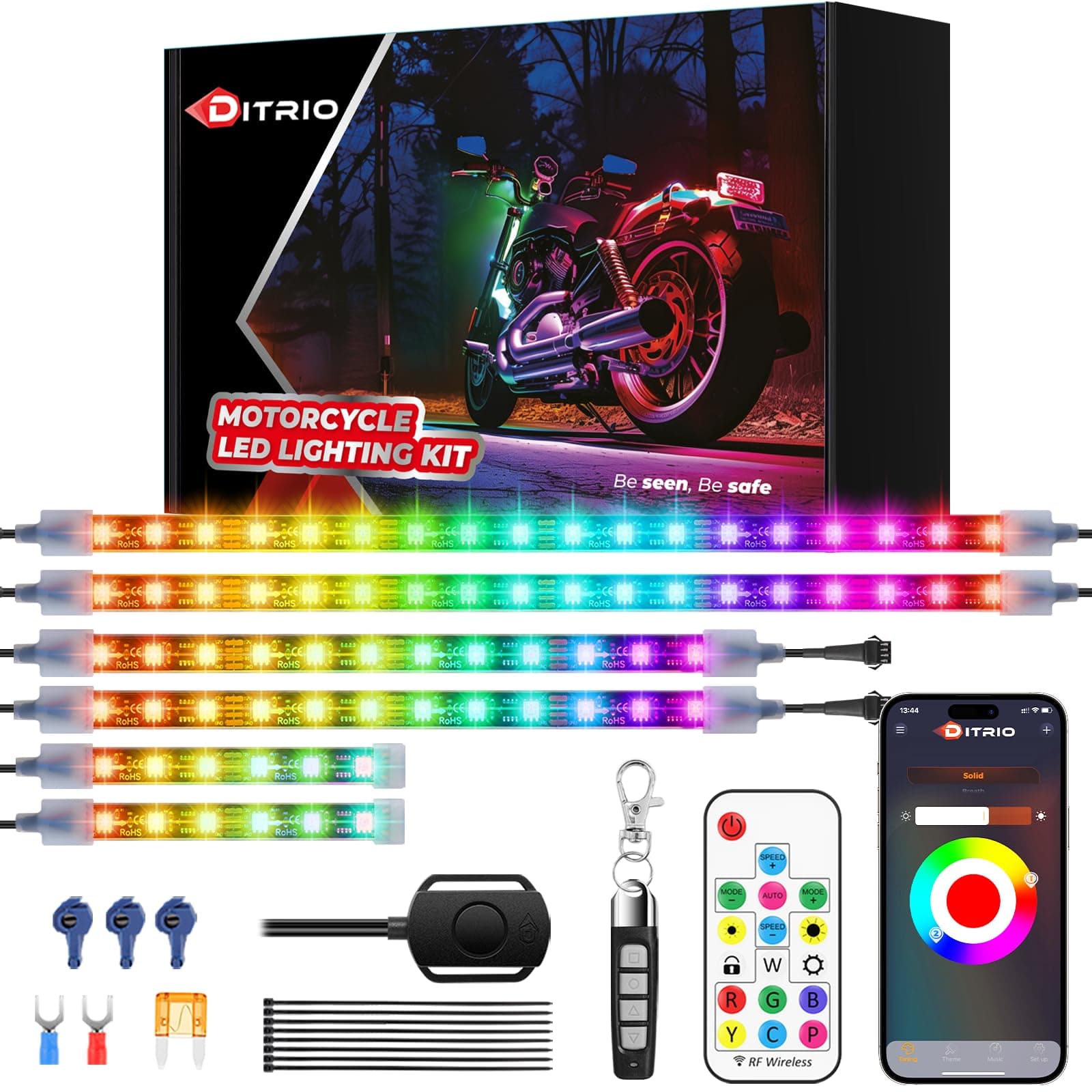 6Pcs Motorcycle Led Underglow Kit with DITRIO APP & 2 RF Remote Control,Motorcycle RGB Lights with Brake Turn Signal, Dual Zone,12V Waterproof Pixelglow Effects for Motorcycles, Golf Carts, ATVs, UTVs