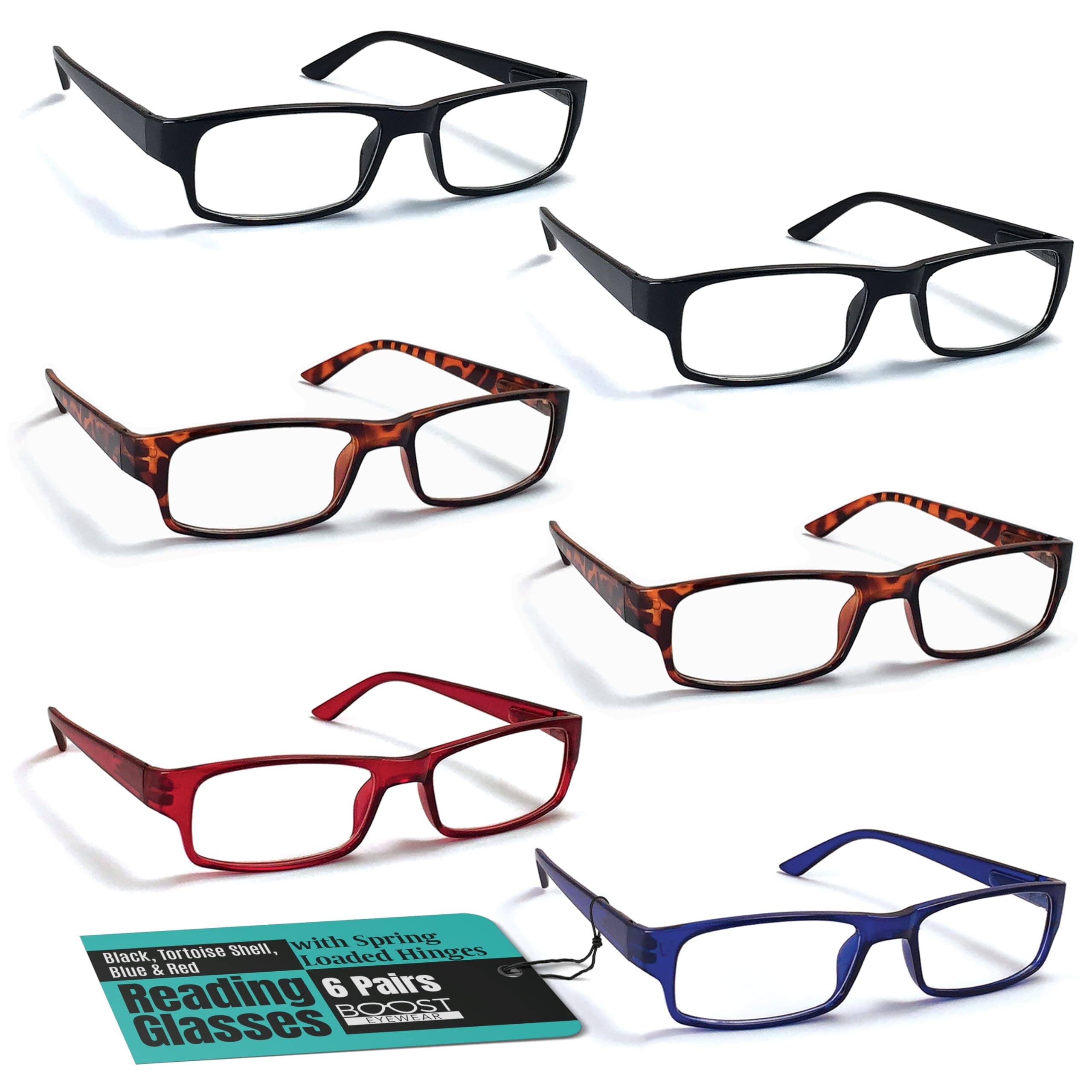 6 Pack Reading Glasses by BOOST EYEWEAR, Traditional Frames in Assorted Colors, for Men and Women, with Spring Loaded Hinges