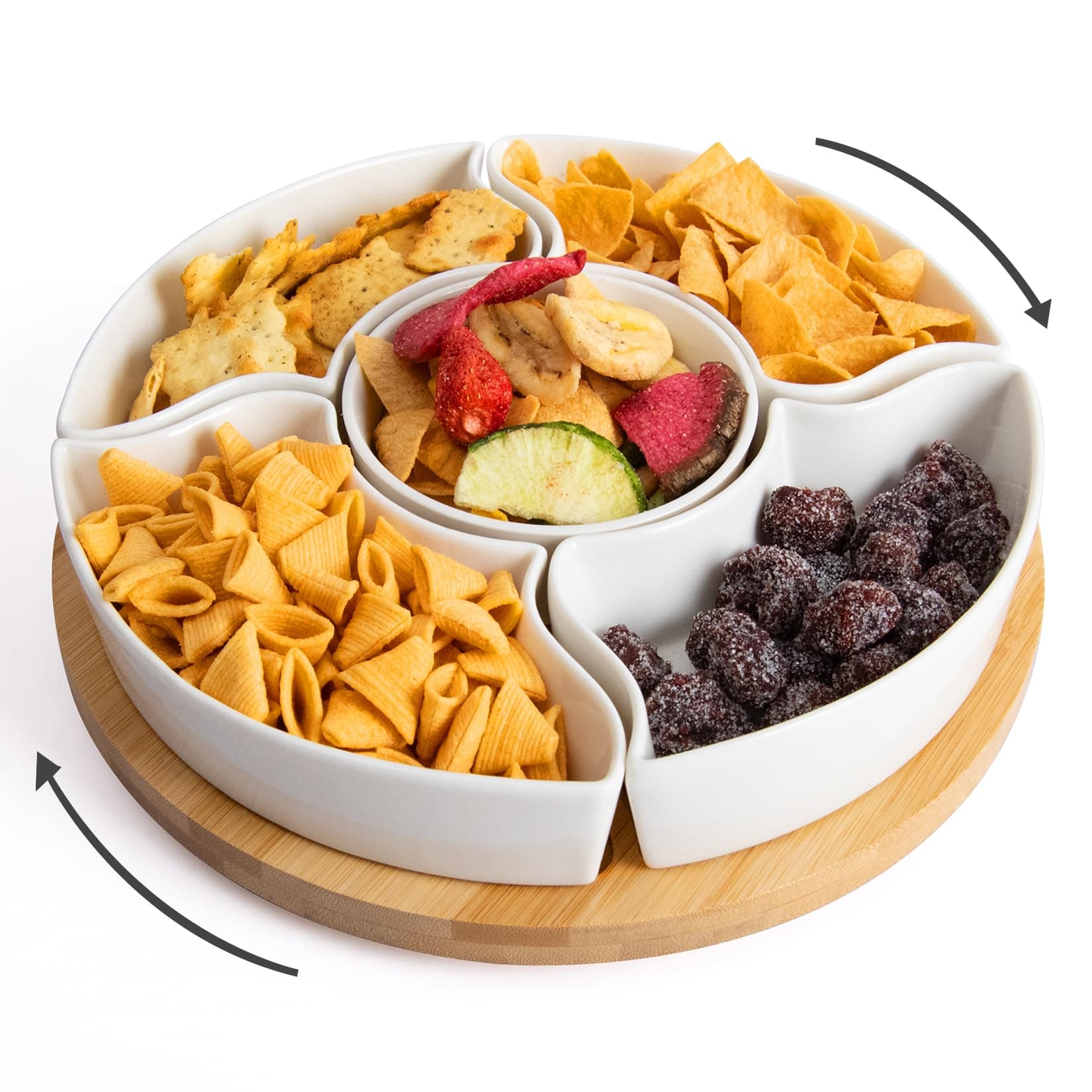 Ceramic Divided Serving Tray, Round White Matte, Modern Style, Removable Bowls, Dishwasher Safe, Perfect for Parties, Weddings, Birthdays