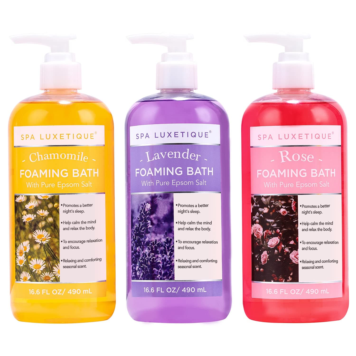 Spa Luxetique Bubble Bath, Foaming Bath with Epsom Salt, Chamomile Rose and Lavender Scent Bathing Set, 3 Pack 49.8 fl oz Christmas Gifts Set for Women and Men