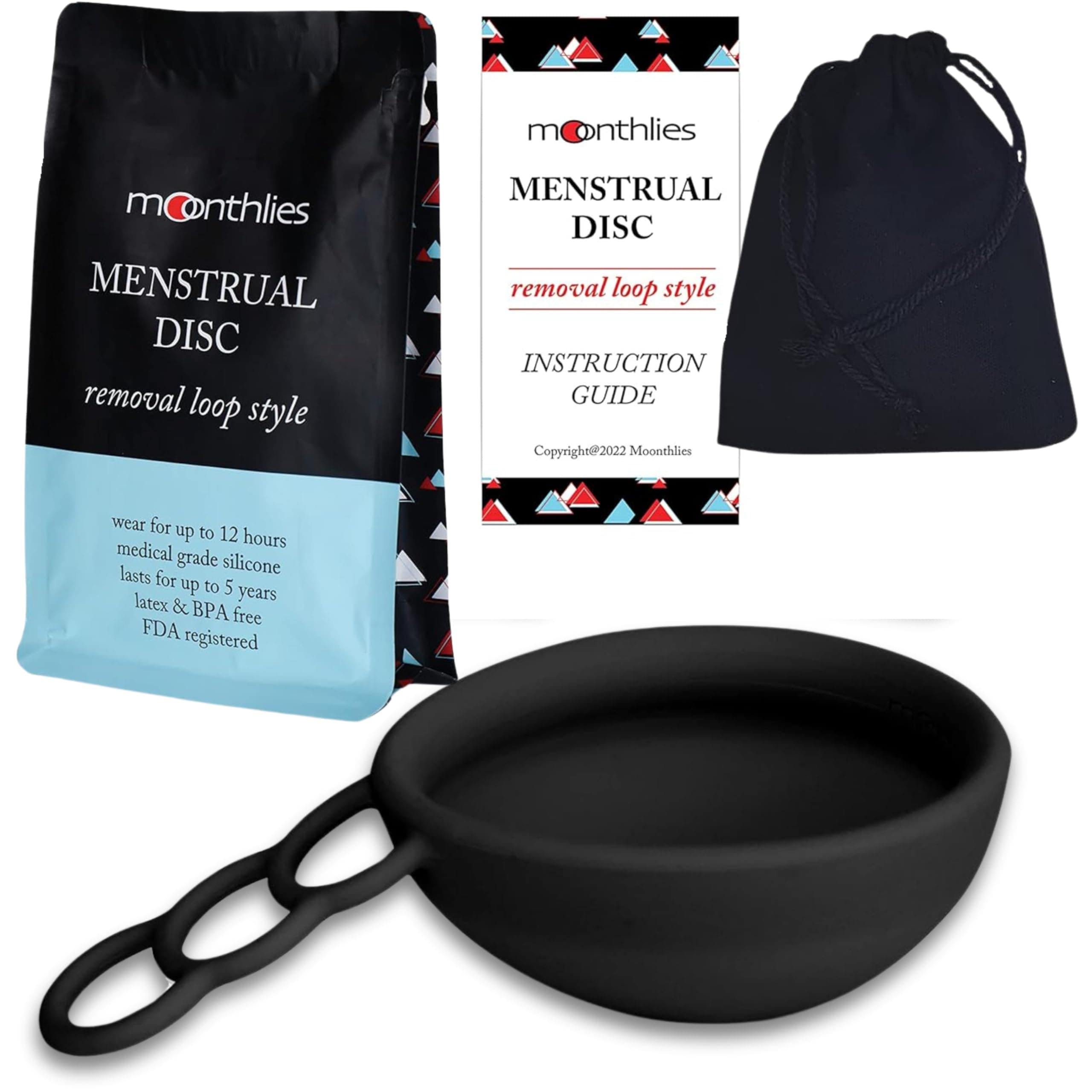 MOONTHLIES Reusable Menstrual Disc | Period Disc with Removal Loop Stem | Alternative to Menstrual Cups for Light or Heavy Flows | Sustainable Alternative to Tampons/Pads (Black, 1 Small)