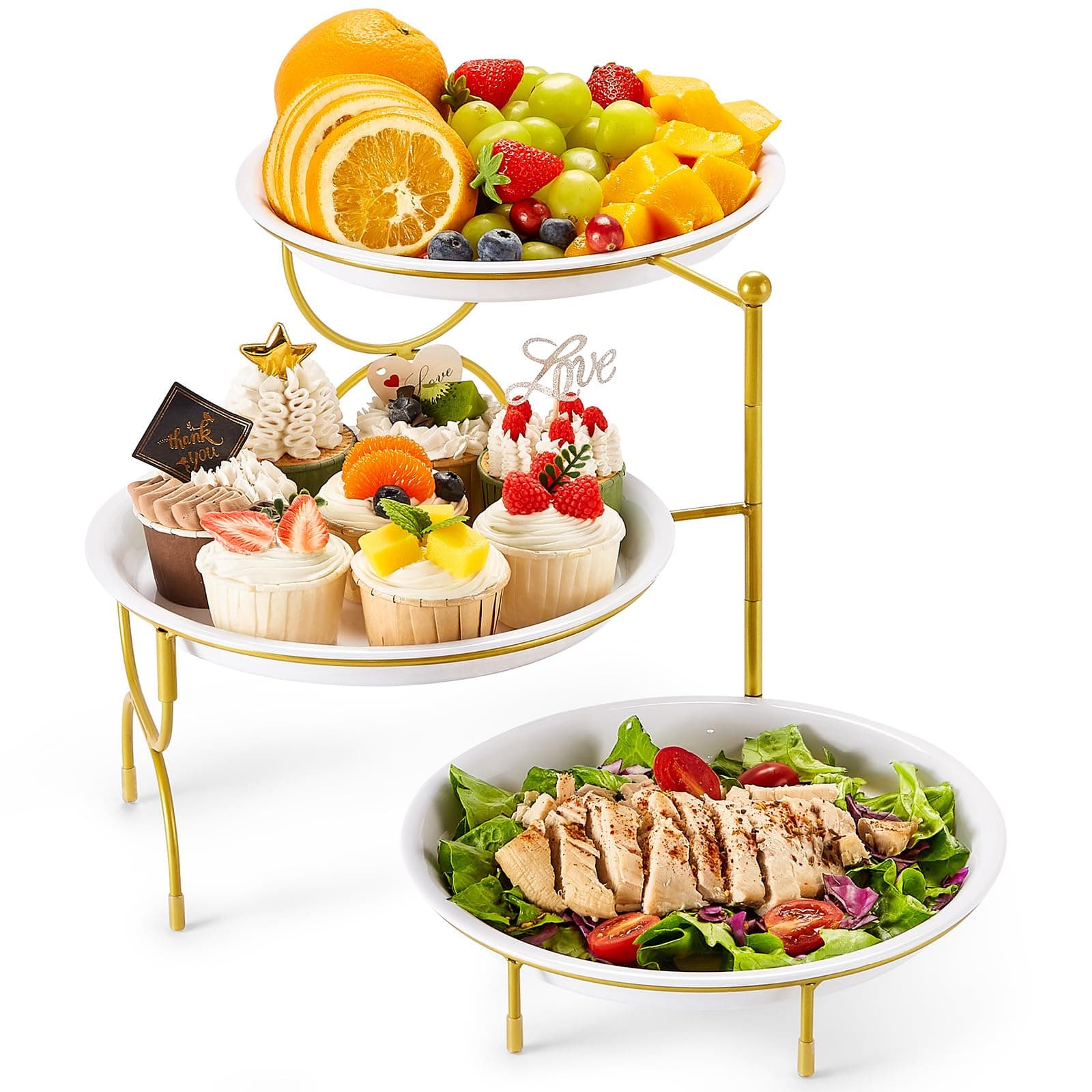 Lifewit 3 Tier Serving Tray, Round Plastic Server Platters, White Reusable Food Trays with Display Stand for Buffets, Cupcake, Snack, Veggie, Fruit, Cookies, Dessert, Dishes, Party Supplies