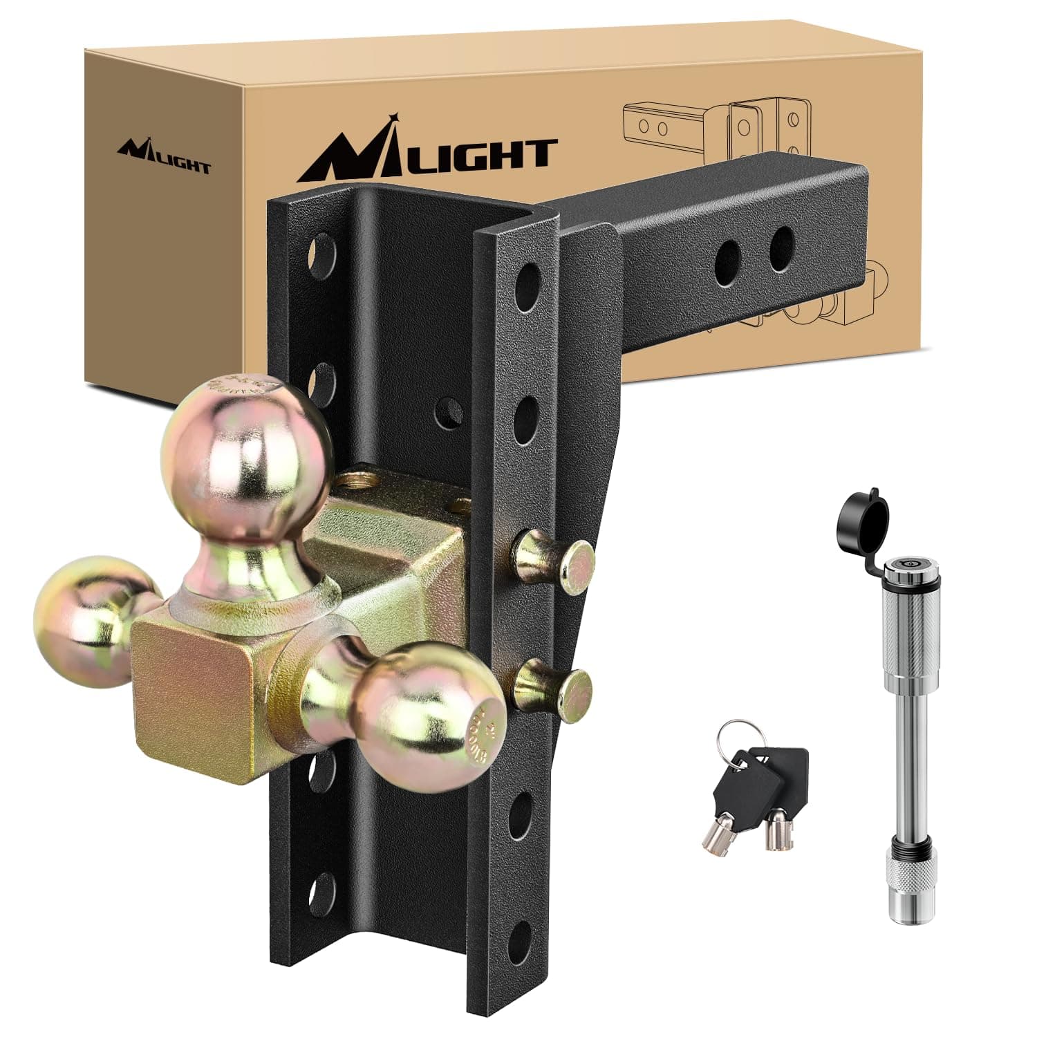 Nilight Adjustable Tri-Ball Trailer Hitch Mount 8 Inch Drop/Rise Hitch 1-7/8" 2" 2-5/16" Fits 2-Inch Receiver 15000lbs GTW for Heavy Duty Truck with Anti-Theft Pin