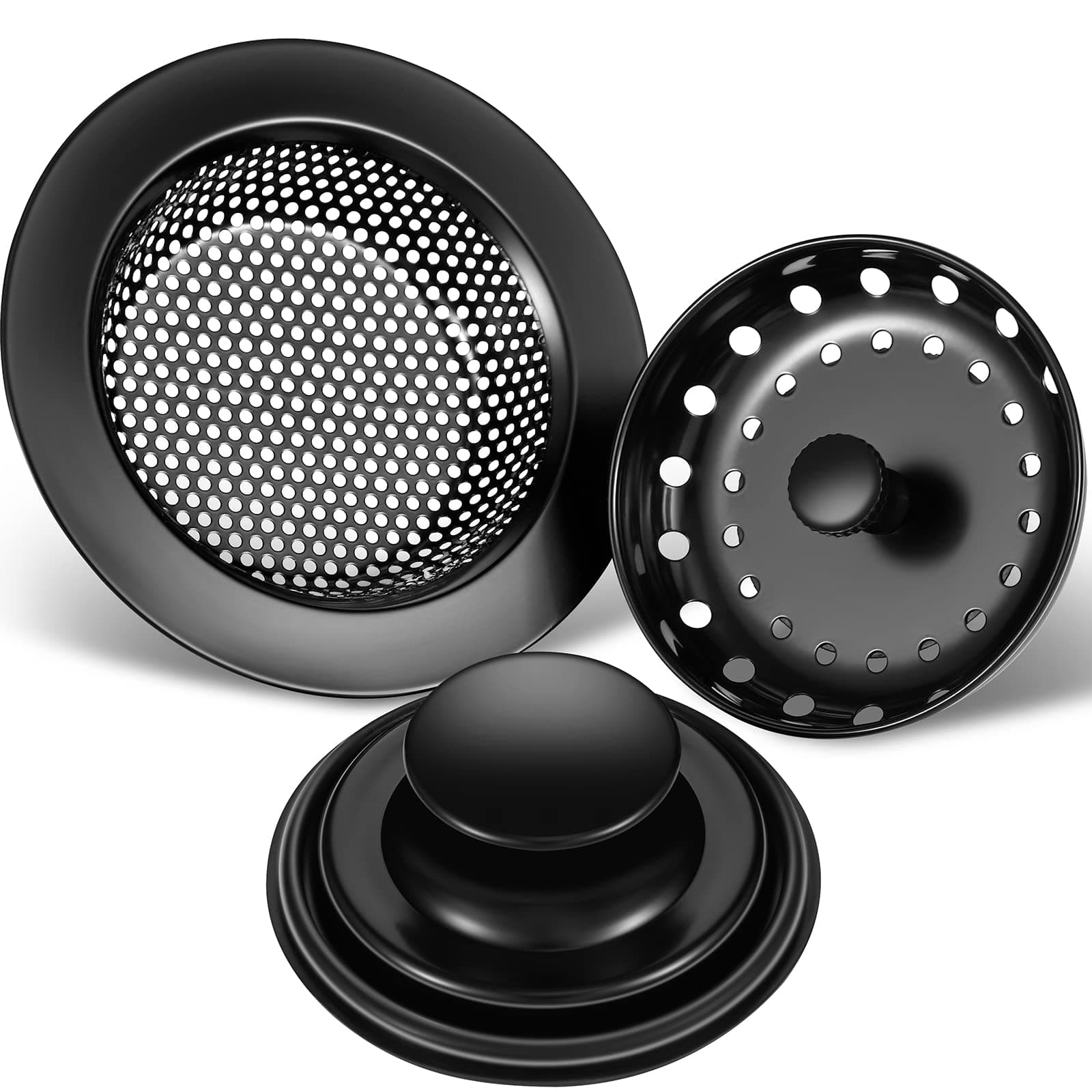 Mudder 3 Pcs Kitchen Sink Drain Strainer and Stopper Stainless Steel Garbage Disposal Plug with Handle Universal Anti-Clogging Kitchen Sink Filter Sieve Basket Strainer(Black)