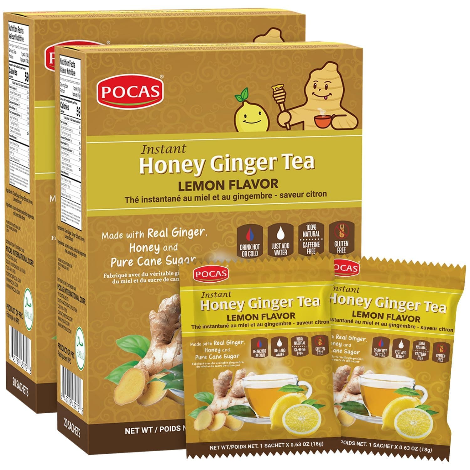 Pocas Honey Ginger Tea - Instant Tea Powder Packets with Lemon & Ginger Honey Crystals, 20 Count (Pack of 2)