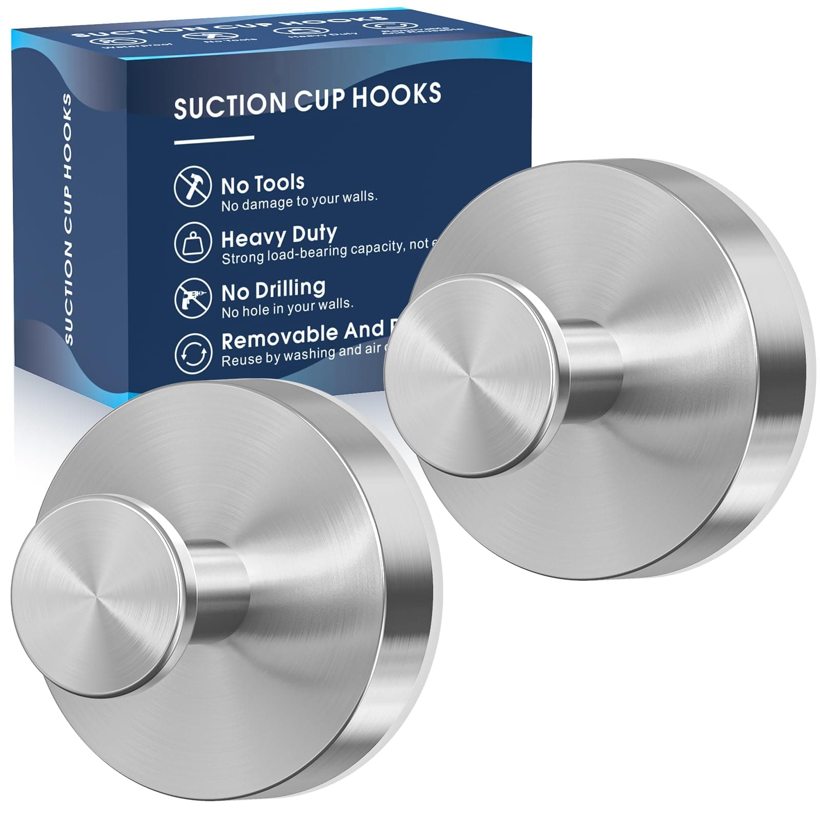 Suction Cup Hooks for Shower,Removable Shower Towel Suction Hooks for Bathroom Wall,Kitchen,Glass,Mirror,Tile to Hang Robes,Loofah-Silver(2-Pack)